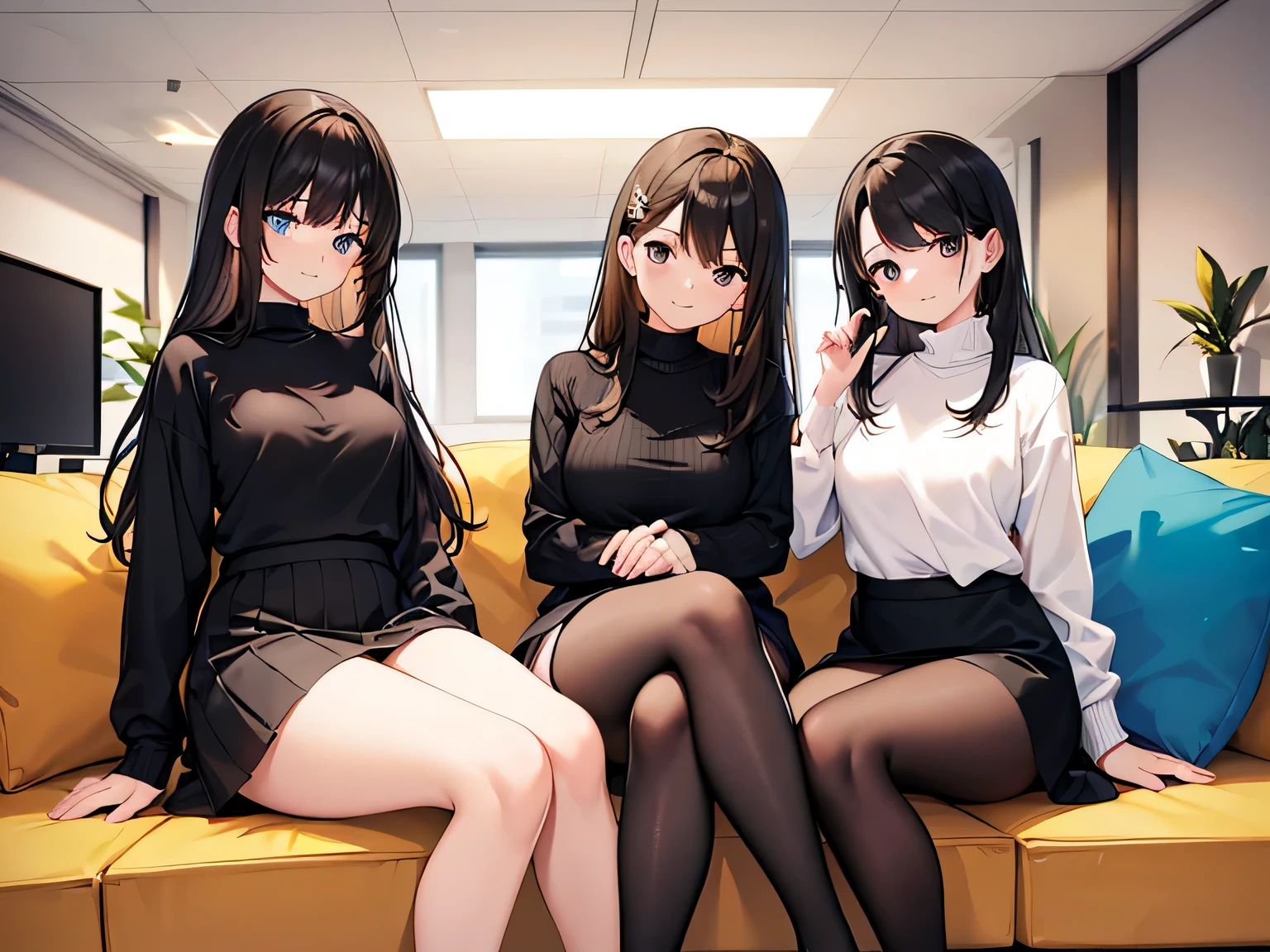 (Masterpiece, top quality, high resolution, realistic photo, realistic looking skin:1.1),
(Three women are sitting on an office couch:1.5),
(All three are smiling: 1.5),
(The first is 25 years old with short black hair, a long-sleeved knit with a V-neck, a white flared skirt and white pumps:1.8),
(The second is 22 years old with long black hair, a crew-neck long-sleeved knit, a black flared skirt, and black pumps: 1.8),
(The third is 23 years old with medium brown hair, a turtleneck long-sleeved knit, a red flared skirt and beige pumps:1.8),
(All three are dressed in office casual clothing:1.8),
(All three have their legs crossed and their panties are almost visible: 1.5),
(The location is a couch in an office break room:1.5),
Full-bodied Esbians, beautiful eyes, glowing eyes, glowing thighs, NSFW.