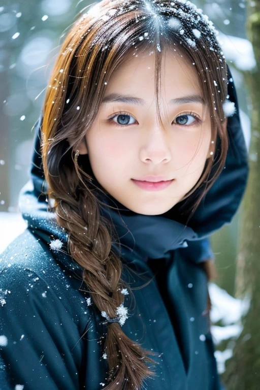 girl, Japanese, beautiful, slender, Ninja, real, brow hair, winter, snowing, forest, vivid