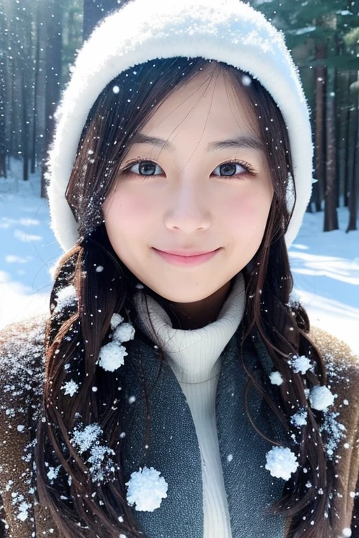 (Best Quality: 1.5), (Masterpiece: 1.2), (Photorealistic: 1), 4k, (RAW Photo: 1.1), 1 girl, baby face, 20 years old, looking at the viewer, black hair, Icelandic, snow, ice, cold, Eskimo, portrait, winter clothing, gloves, scarf, eyes closed, smile, cute, upper body, snow piled up, wide shot,