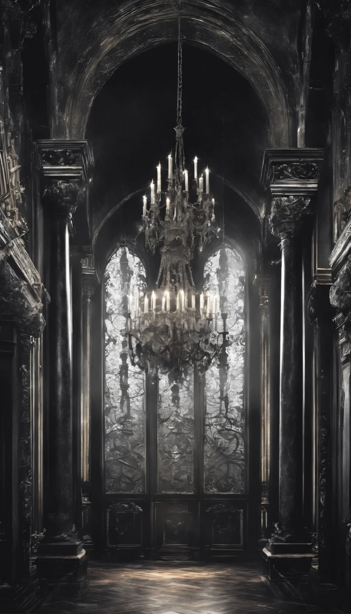 scary, Dark and mysterious interior design, Depth of Field, One person&#39;s point of view, top quality, high resolution, Very detailed, Ultra HD, Focus on the eyes, Retro Style,  (Silver Hair: 1.1), (Silver Eyes: 1.1), big eyes,(Chest fluttering:1.4), Light, Tyndall phenomenon, 强烈的Light照射进来, Fallen Angel, black wings, Castlevania, Arucardo, Women-centered, Victorian Antique Clothing, Towering Buildings，Column with fine carvings，Marble Corridor，Crystal chandeliers，