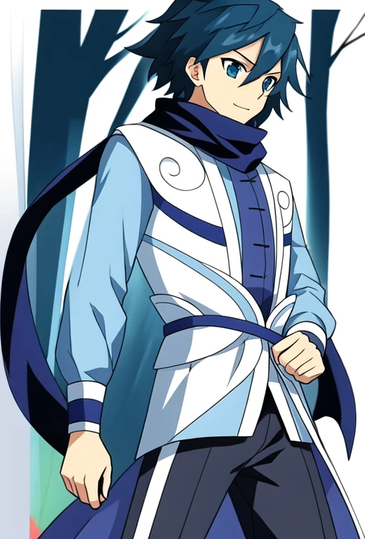 (masterpiece, best quality:1.2), 一个成熟男子In the woods, solo,individual,Dark blue scarf,Black trousers,Blue by Capelet,Chinese clothing,Complex background,In the woods,Detailed background,