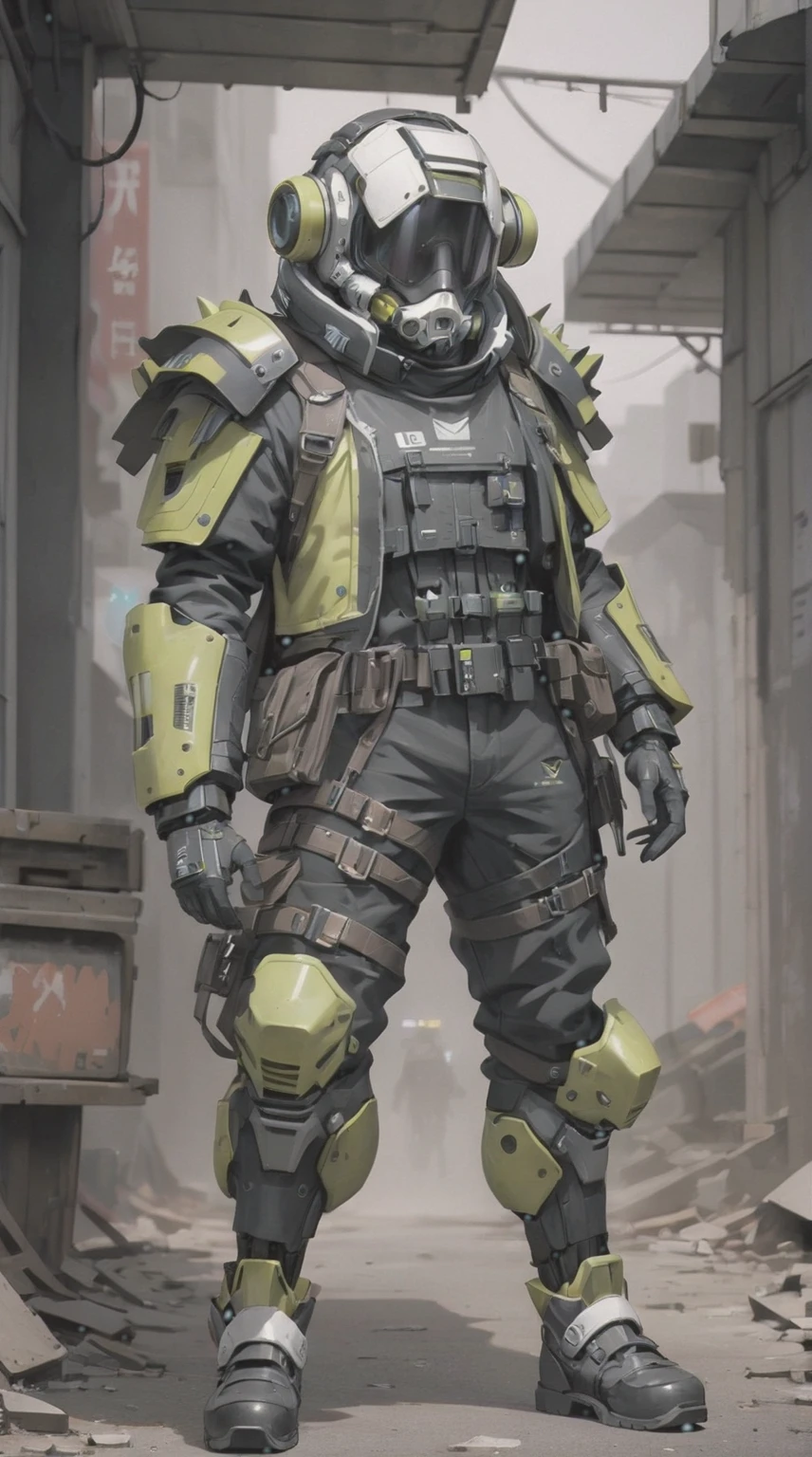 A post-apocalyptic style male survivor, has a white sci-fi helmet sallet, a respirator under the helmet, a closed trench coat, an arm with a black and purple sci-fi gauntlet, knee high boots, black pants, and three layers of torn olive green ponchos, style fallout, Un oc de estilo post apocalyptico, tiene un casco sci-fi inspirado en el Sallet, un respirador bajo el casco, una gabardina cerrada, un brazo con un guantelete sci-fi, botas, pantalones, y tres capas de tela ponchos rasgados, estilo fallout, power armor, male, sci-fi soldier, sci-fi
