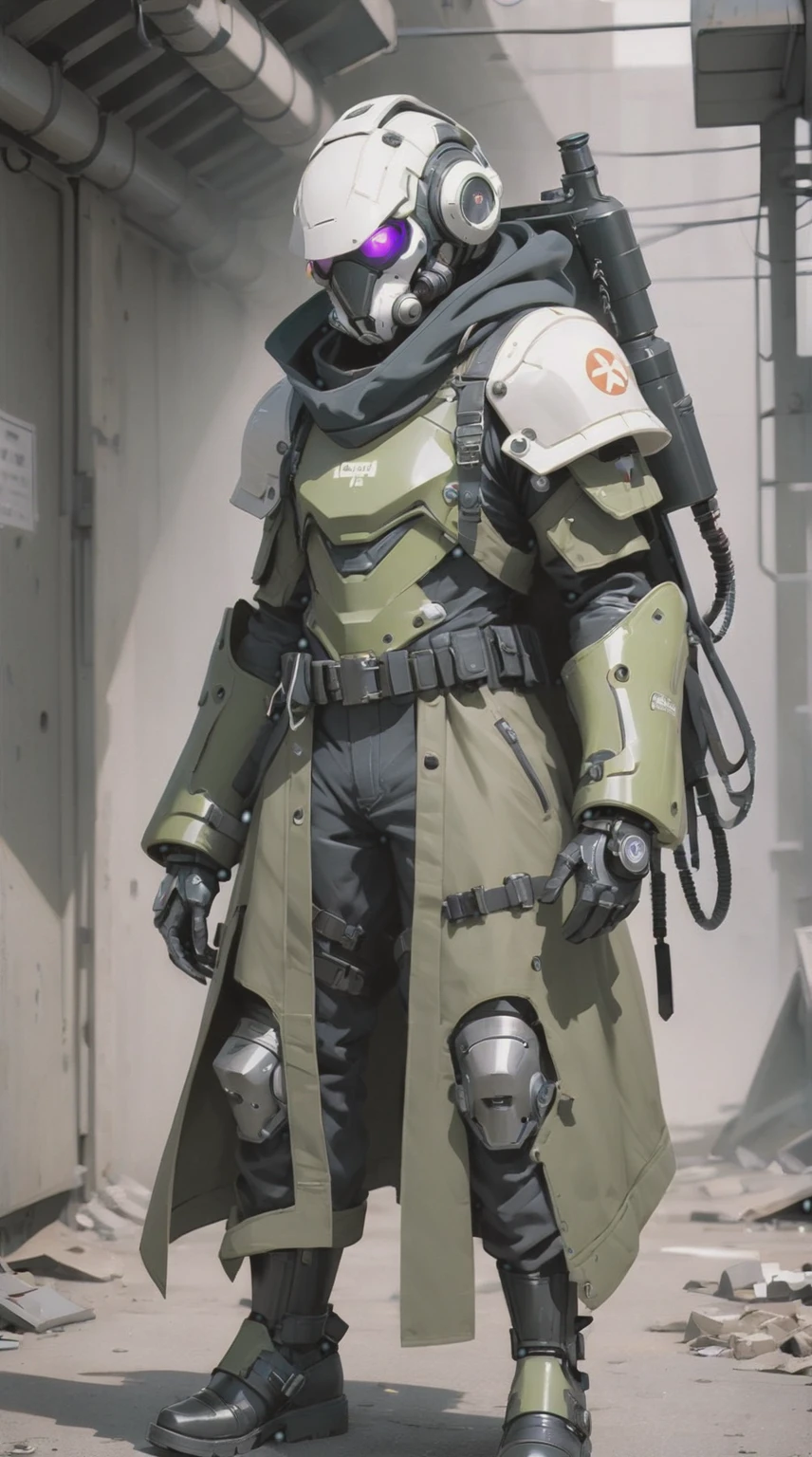 A post-apocalyptic style male survivor, has a white sci-fi helmet sallet, a respirator under the helmet, a closed trench coat, an arm with a black and purple sci-fi gauntlet, knee high boots, black pants, and three layers of torn olive green ponchos, style fallout, Un oc de estilo post apocalyptico, tiene un casco sci-fi inspirado en el Sallet, un respirador bajo el casco, una gabardina cerrada, un brazo con un guantelete sci-fi, botas, pantalones, y tres capas de tela ponchos rasgados, estilo fallout, power armor, male, sci-fi soldier, sci-fi
