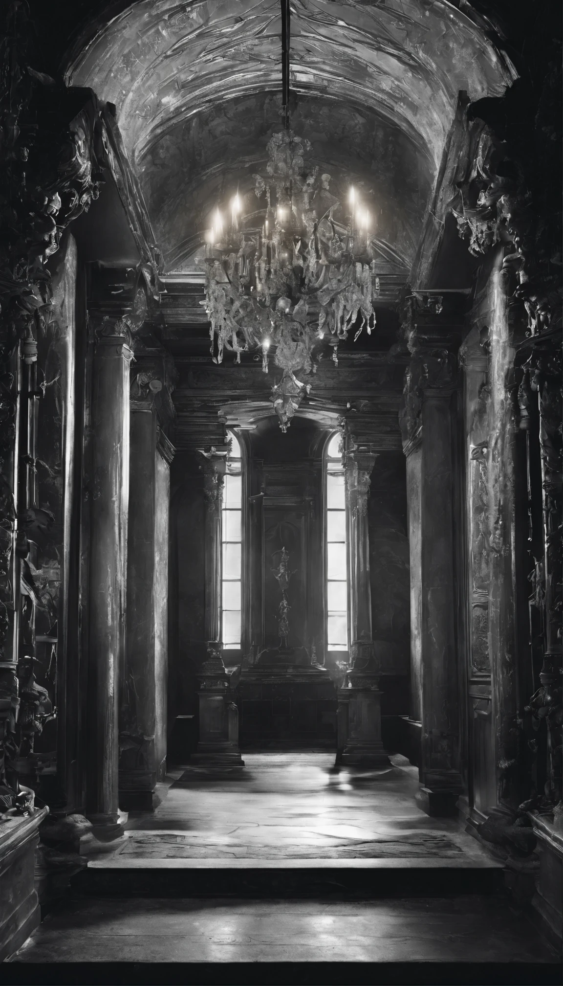 scary, Dark and mysterious interior design, Depth of Field, One person's point of view, top quality, high resolution, Very detailed, Ultra HD, Focus on the eyes, Retro Style, (Silver Hair: 1.1), (Silver Eyes: 1.1), big eyes,(Chest fluttering:1.4), Light, Tyndall phenomenon, 强烈的Light照射进来, Fallen Angel, black wings, Castlevania, Arucardo, Women-centered, Victorian Antique Clothing, Towering Buildings,Column with fine carvings,Marble Corridor,Crystal chandeliers,
