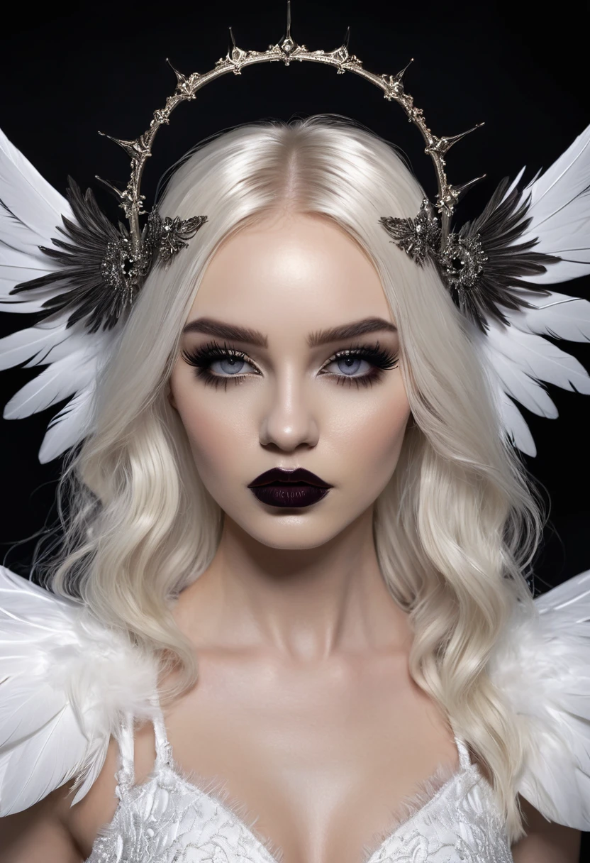 Beautyfull realistic Angle, head halo, thin curved eyebrows, long black luscious eyelashes, black eyeliner, dark eye shadow, face makeup, bark lipstick,defined black iris,detailed Florence eyes,long luscious platinum blond hair, pale skin,hour glass body, realistic, (liquid dress), full size white feather wings on back, spear weapons, combat in the background, dawn,