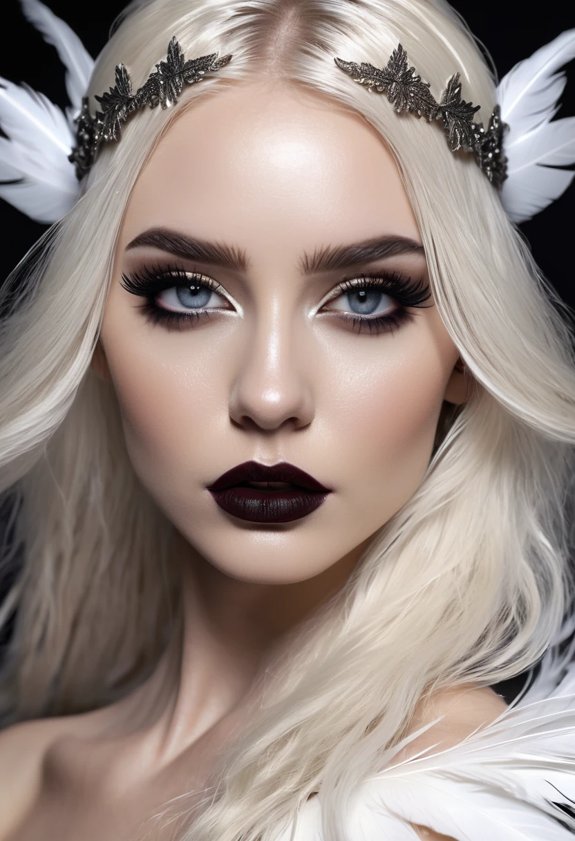 Beautyfull realistic Angle, head halo, thin curved eyebrows, long black luscious eyelashes, black eyeliner, dark eye shadow, face makeup, bark lipstick,defined black iris,detailed Florence eyes,long luscious platinum blond hair, pale skin,hour glass body, realistic, (liquid dress), full size white feather wings on back, spear weapons, combat in the background, dawn,