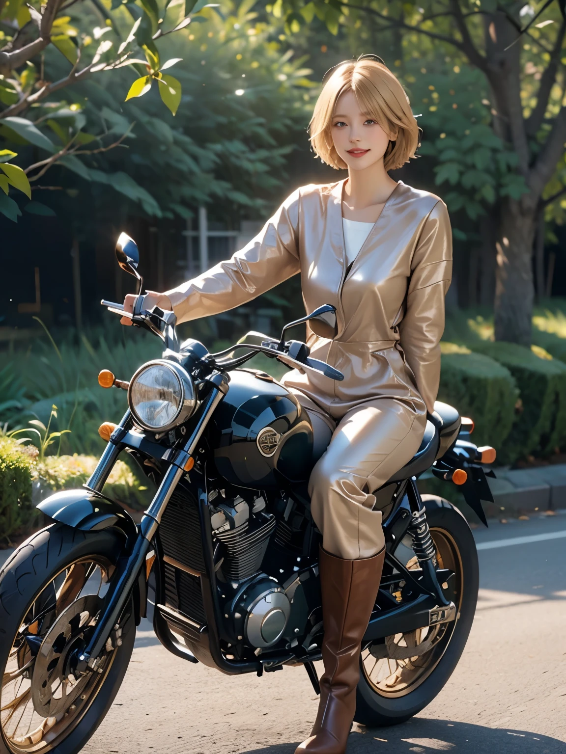 (masterpiece:1.3), (8k, Realistic, RAW Photos, highest quality:1.4), (Realistic face), (Blonde, short hair:1.3), Beautiful hairstyle, Realistic eyes, Beautiful little blue eyes, (Realistic skin), (Beautiful Skin), (((Riding a motorcycle outdoors))), charm, Ultra-high resolution, Golden Ratio, Long limbs、((Scandinavian beautiful girl))、((smile)), ((full body shot)), ((((Brown leather jumpsuit and long boots))))