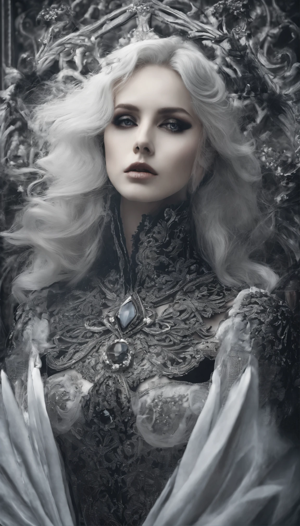 scary, Dark and mysterious interior design, Depth of Field, One person's point of view, top quality, high resolution, Very detailed, Ultra HD, Focus on the eyes, Retro Style, (Silver Hair: 1.1), (Silver Eyes: 1.1), big eyes,(Chest fluttering:1.4), Light, Tyndall phenomenon, 强烈的Light照射进来, Fallen Angel, black wings, Castlevania, Arucardo, Men, Victorian Antique Clothing, 27 years