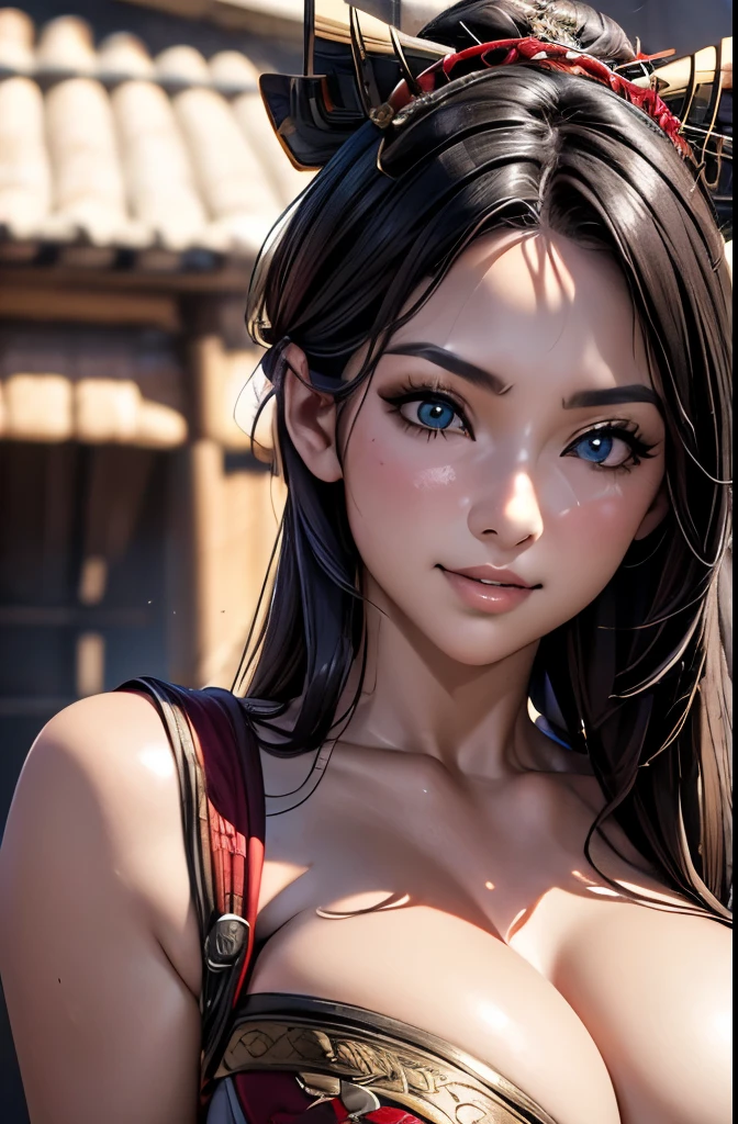 Beautiful samurai, beautiful samurai waifu in frame, Japanese armor ,(katana on hand),trending on artstation, Sharp focus,, Intricate details, Highly detailed, playful smile, parted lips, full lips, intricate face details,Curvy physique, (Slim body), ((Expose your upper body)),(No bra),(((Areola Slip))),model in Japan，((camel-toe)),((Sexual suggestiveness))，at the palace，vibrant, 4K, Intricate details, big breasts enchanting, Professional manufacturing, 12k resolution,。.3D, All characters in detailed full body, Highly detailed, vibrant, Ultra high quality, hyper photorealism, Photorealism, rendering by octane], dynamic camera angle