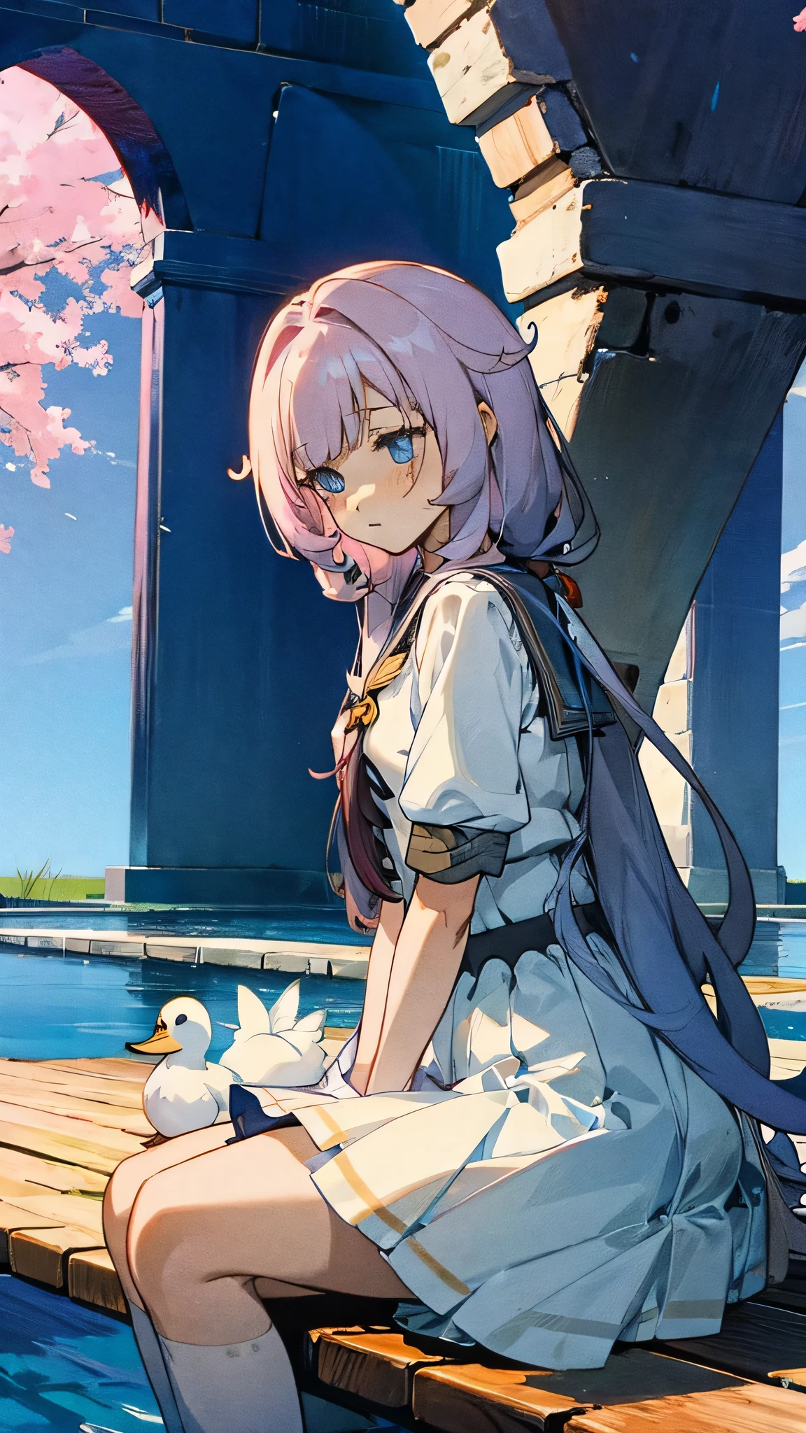 Anime Girl,Sailor Suit,Duck sitting,shy,cute,Long hair