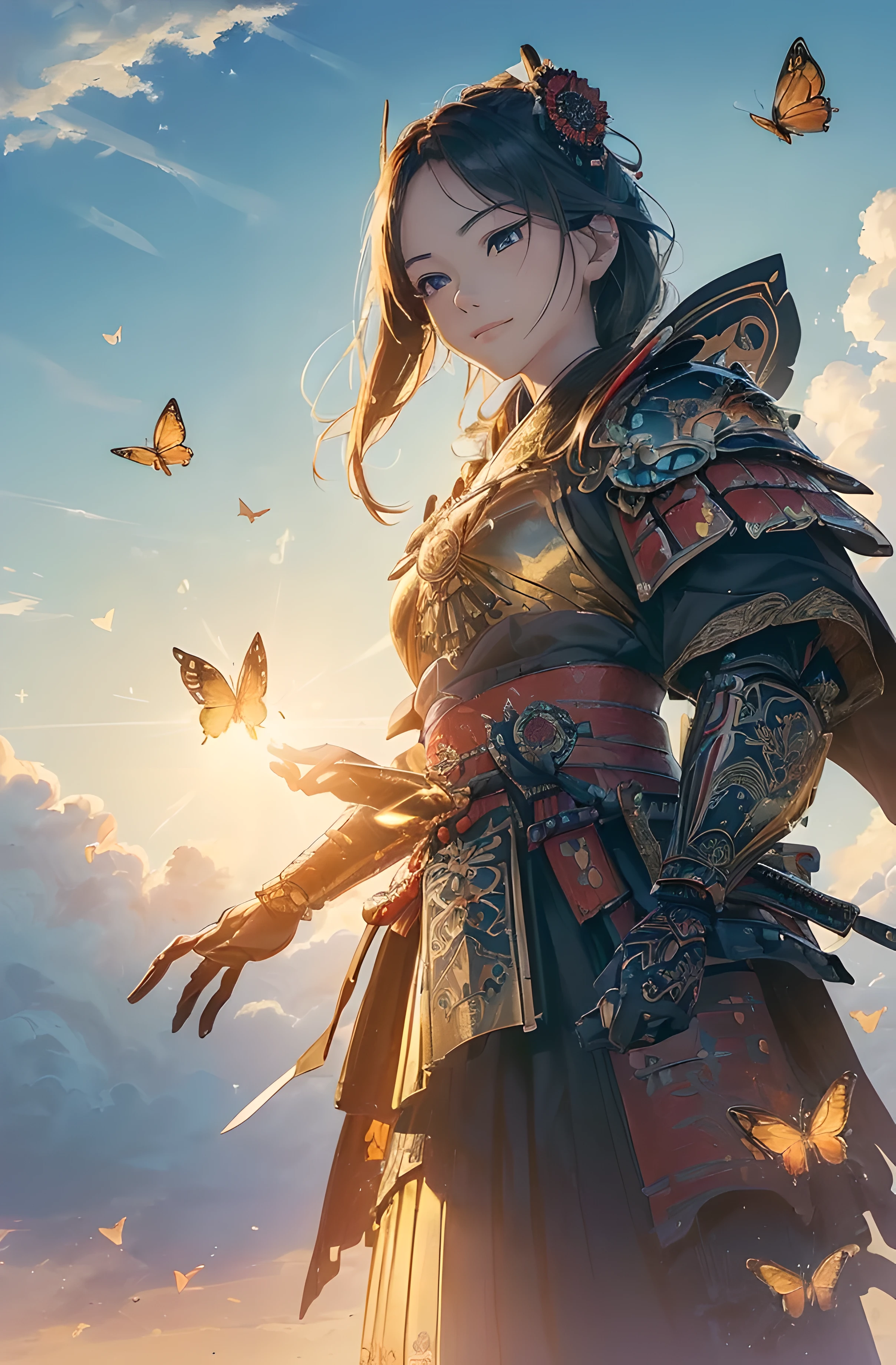 A beautiful woman, chivalry, ((((realistic oil art, 46-year-old Empress, fantasy, serious scene, vibrant look, (( Samurai, samurai mask, shining armor, glowing samurai armor, glowing armor, fine armor, intricate armor design, full body armor)), Tachibana Omina art style, sharp eyes gaze, half a smile, slightly open mouth, a triumph expression, floating on the sky, stay on cloud, shining with a bright light, calm, breeze and sunlight, sun, clouds, butterflies in the sky, shining butterflies