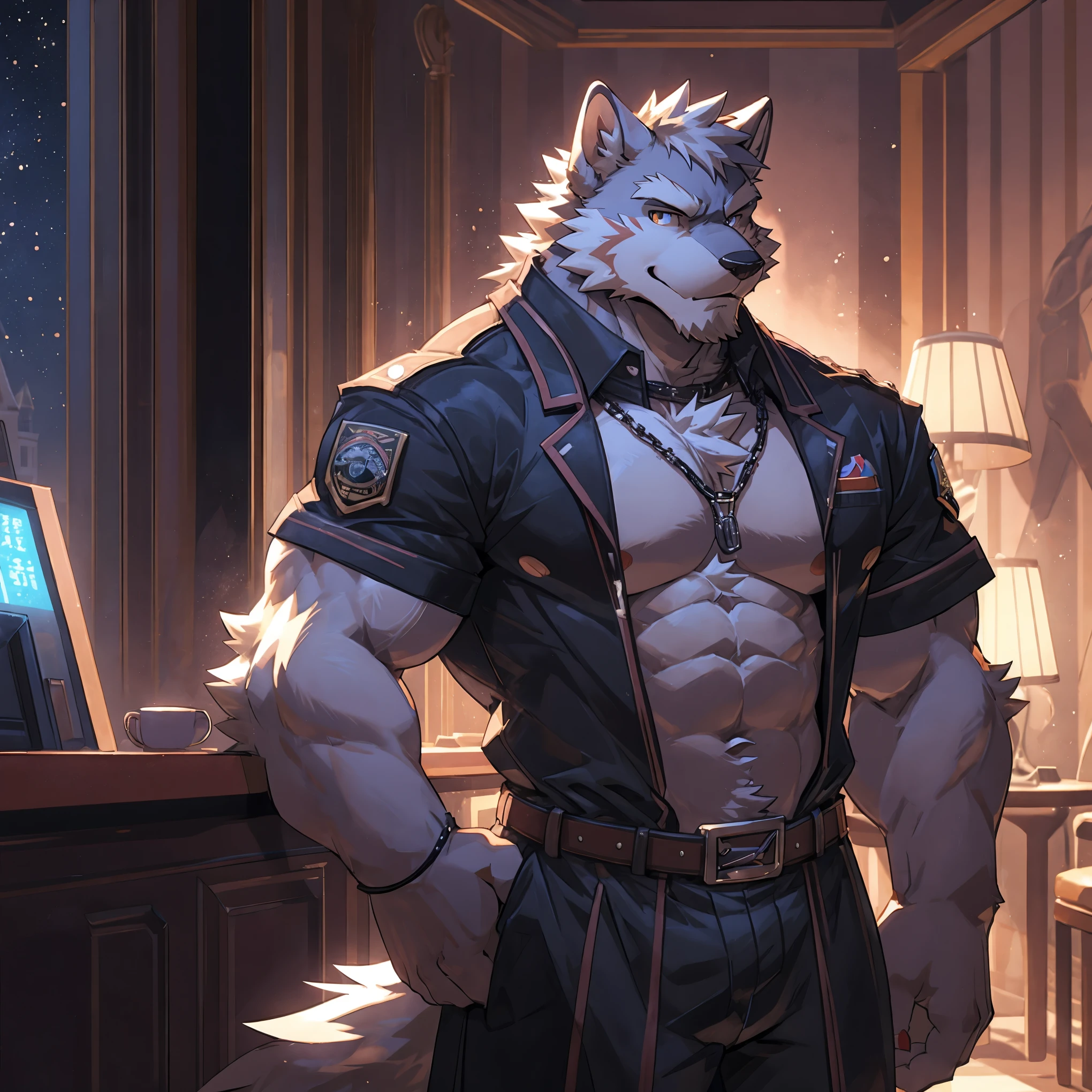 （CG 8K）Arctic Wolf Orc，White fur，Very strong，Handsome，strong chest muscles，Strong thigh muscles，Very powerful，Succubus，Bad bad smile，Facing the camera，Close-up of face，Seductive Stance，Standing at the hotel，Solitary，author：Takemoto Arashi ，by zixiong