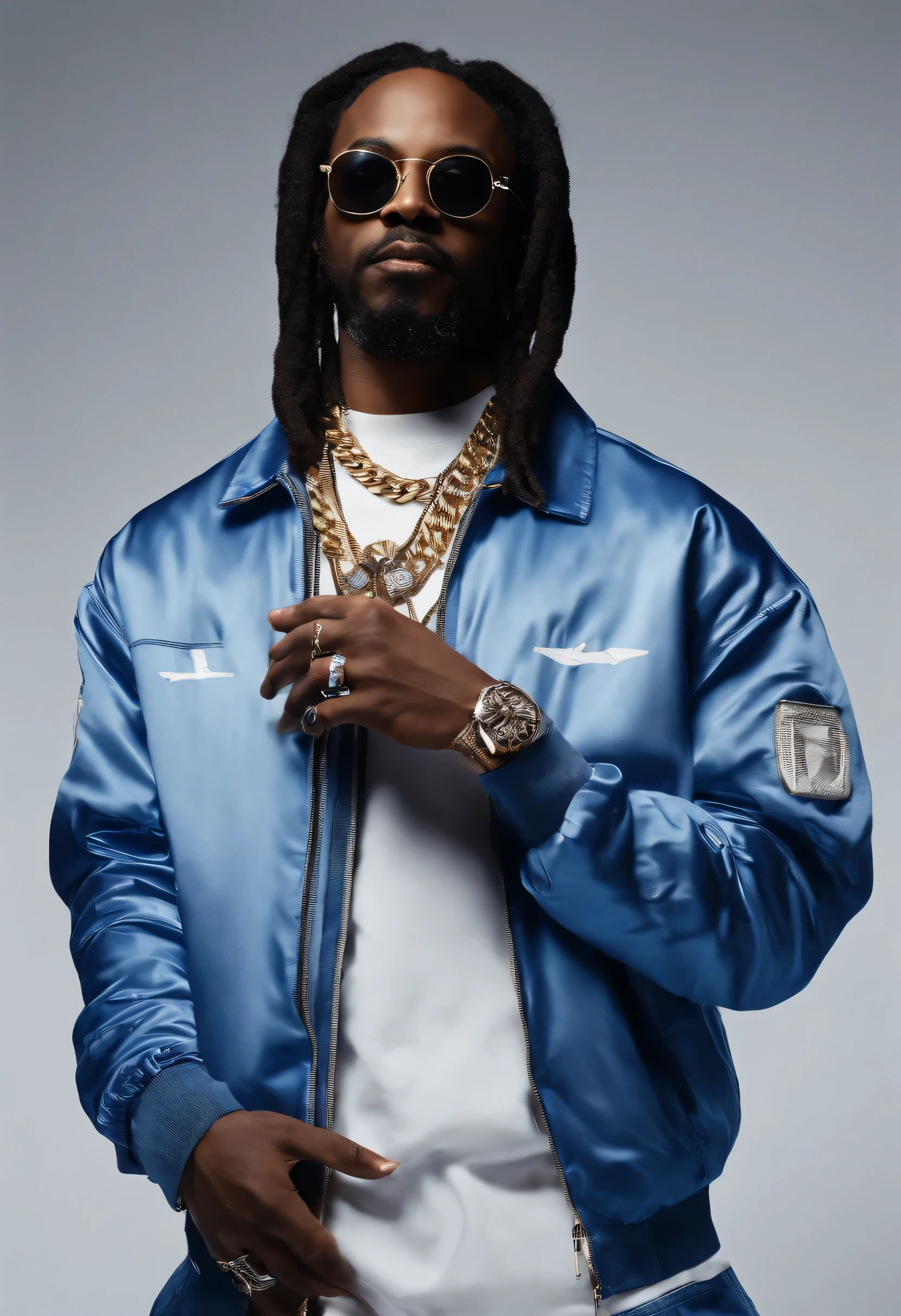 a black man with dreadlocks and rapper clothes looking straight ahead with glasses; goatee and gray beard, medium thin face, brown eyes and a chain with a hexagram pendant with his hands out of his pocket with his chin raised, without earrings and with his face looking around 30 years old, full body and blue and white sneakers and windbreaker blue and white dancing hip hop, and big ansi on their fingers playing saxophone