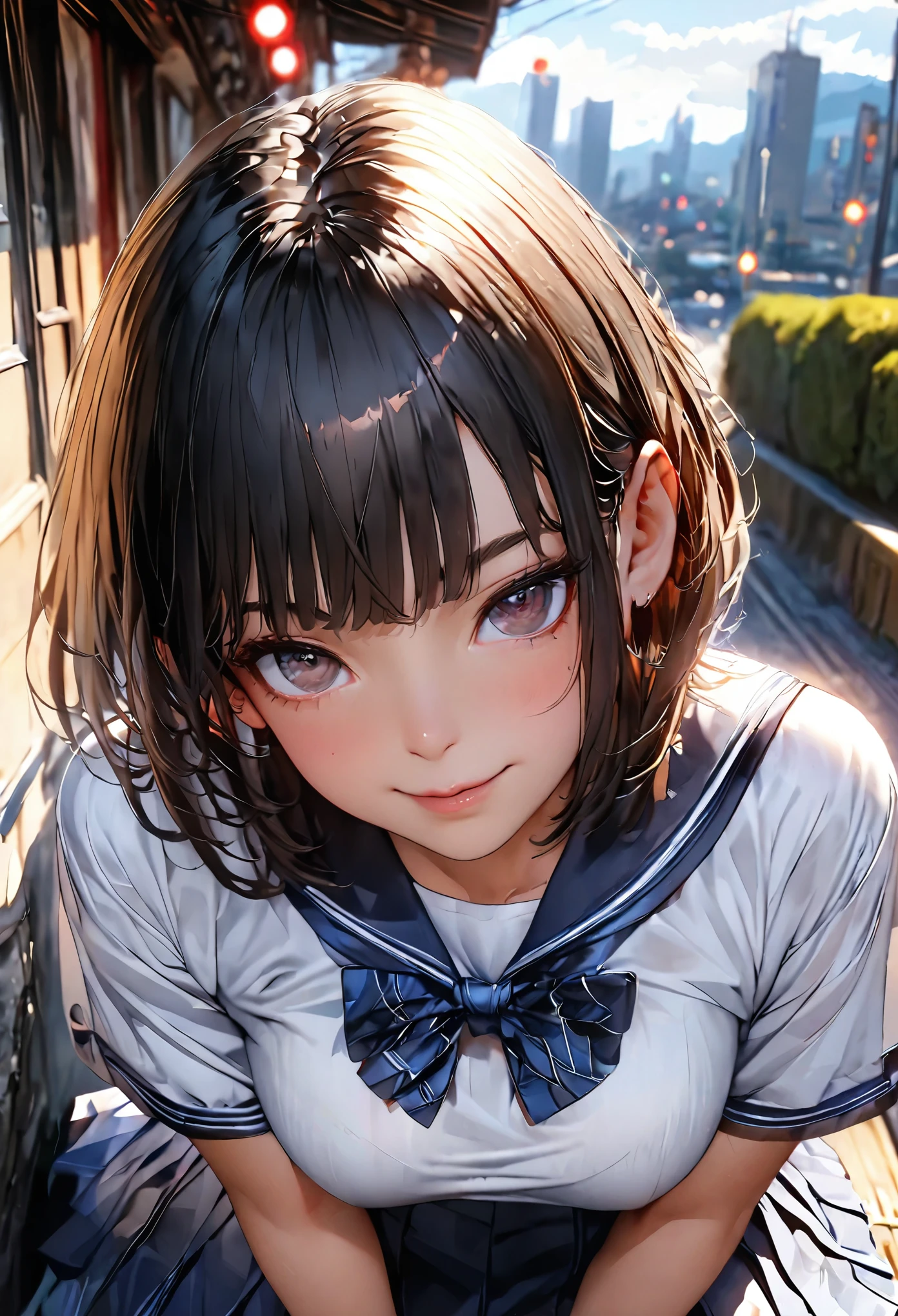 (masterpiece:1.3), (8k、Realistic, RAW Photos, highest quality:1.2), (alone), (1 girl), (cute:1.3), (Very beautiful 14 year old Japanese girl), Symmetrical perfect face, nice smile, Red cheeks, (Skin with attention to detail: 1.2), Photorealistic Anime Girl Rendering, Realistic anime 3D style, beautiful brown hair bob cut, Intense black eyes, Strong eye highlights, (Accurate and natural normal size breasts), Perfect Anatomy, messy hair, (Sailor suit), ((Navy colored white short sleeve shirt, Girls&#39; High School ,  navy pleated skirt, navy blue plaid bow tie)), (Luxury silk bra and panties), Accurate Arm, Five Fingers, Accurate legs, morning, (Beautiful Landscape Background), (Downtown), On the bench, get up, Volumetric lighting, Soft Light, bright, neon, bright color