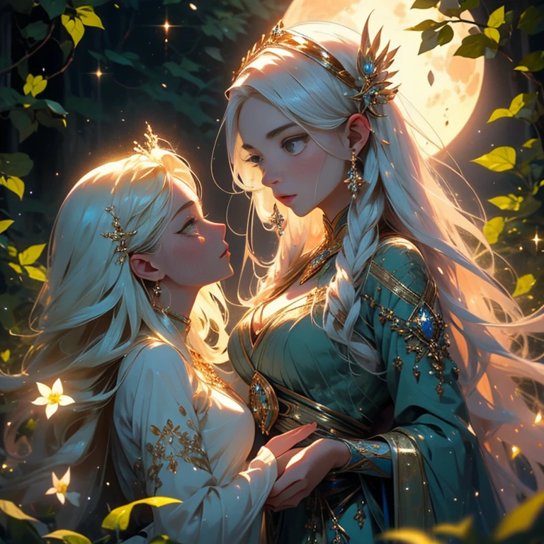 a moon elf maiden,cleansing ritual,flowered ivy,vines,caress,clean,moonlit sky,beautiful detailed eyes,beautiful detailed lips,extremely detailed eyes and face,long eyelashes,serene expression,graceful posture,golden hair flowing in the breeze,moonlight illuminating her porcelain skin,ethereal glow,delicate and intricate patterns on her dress,rays of moonlight filtering through the trees,soft and gentle touch,luminous flowers blooming around her,peaceful and tranquil atmosphere,whispering leaves,serenity,glowing moon casting a mystical aura,shimmering starlight guiding the ritual,harmonious connection between nature and the maiden,subtle and enchanting colors,divine energy,purifying and rejuvenating essence,breathtaking elegance,airy and ethereal feel,perfect balance between strength and vulnerability,exquisite craftsmanship,artistic rendering,painterly details,highest quality,8K resolution,ultra-detailed,photorealistic,colorful and vibrant palette,soft and diffused lighting.