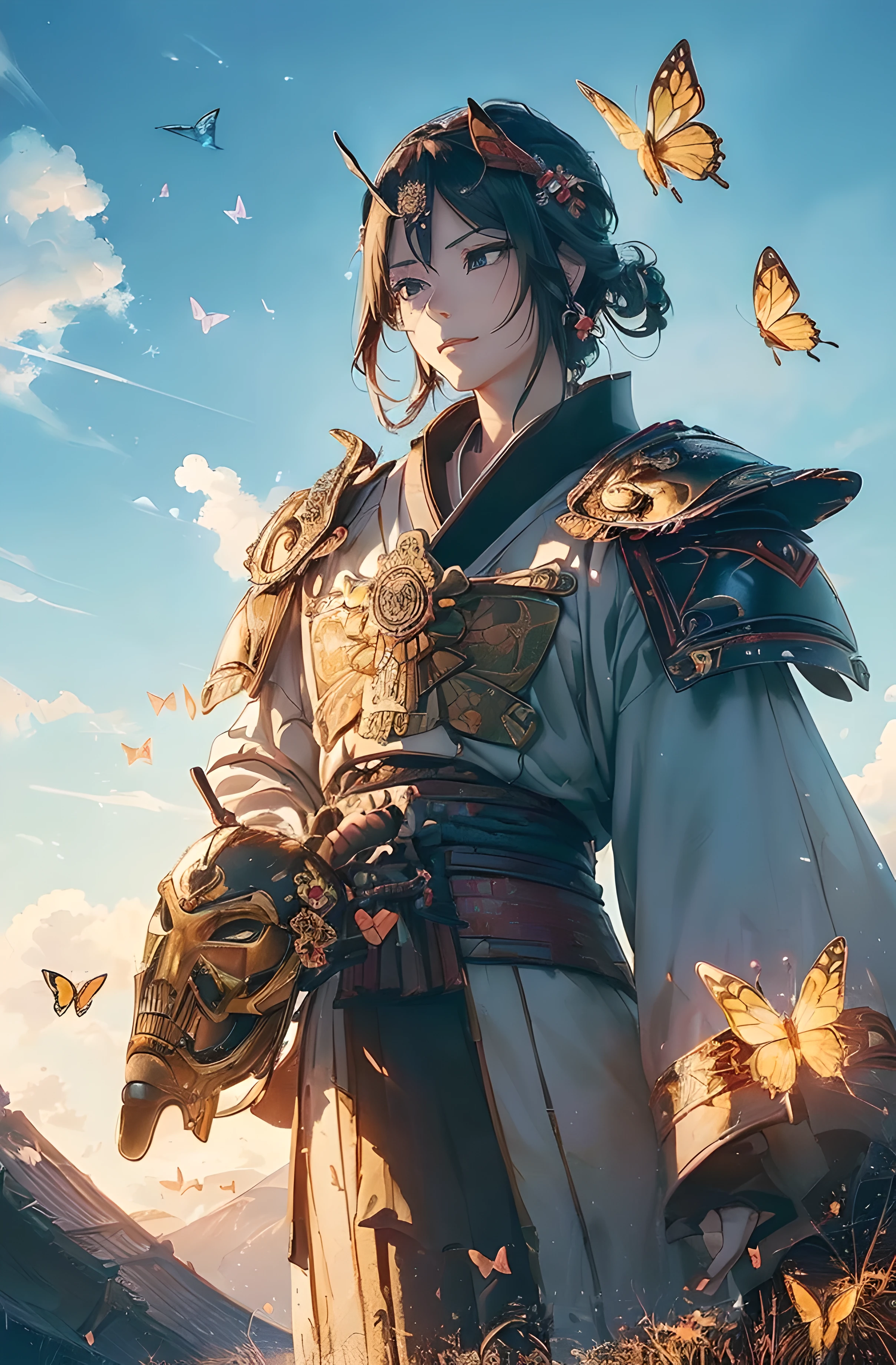 A beautiful woman, chivalry, ((((realistic oil art, 46-year-old Empress, fantasy, serious scene, vibrant look, (( Samurai, samurai mask, shining armor, glowing samurai armor, glowing armor, fine armor, intricate armor design, full body armor)), Tachibana Omina art style, sharp eyes gaze, half a smile, slightly open mouth, a triumph expression, floating on the sky, stay on cloud, shining with a bright light, calm, breeze and sunlight, sun, clouds, butterflies in the sky, shining butterflies