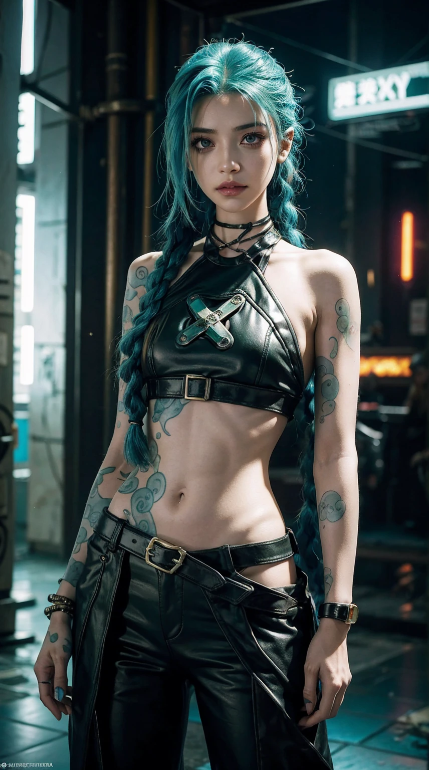 jinx arcano, uma mulher com cabelo verde e tatuagens, mulher cyberpunk mulher anime, pants, Deusa cyberpunk raivosa bonita, estilo de arte cyberpunk, arte digital de anime cyberpunk, arte de anime cyberpunk, Arcane Jinx Retrato, arte de anime cyberpunk, arte com tema cyberpunk, cyberpunk fantasia sombria, estilo arcano, 1 garota, stars tattoo on arm, asymmetrical bangs, faixa, cabelo verde, Green braids, camisa marrom, tatuagem de estrelas, lateralmente, cabelo verde, cabelo longo, olhos cor de rosa, Red lips, standing , tatuagem de nuvem, twin braids. Jinx de arcano. Garota de cabelo verde, garota de twin braids, Jinx em um lugar em chamas, Fagulha, esferas de luz, movie poster, Jinx, Arcane\(Liga das Lendas\