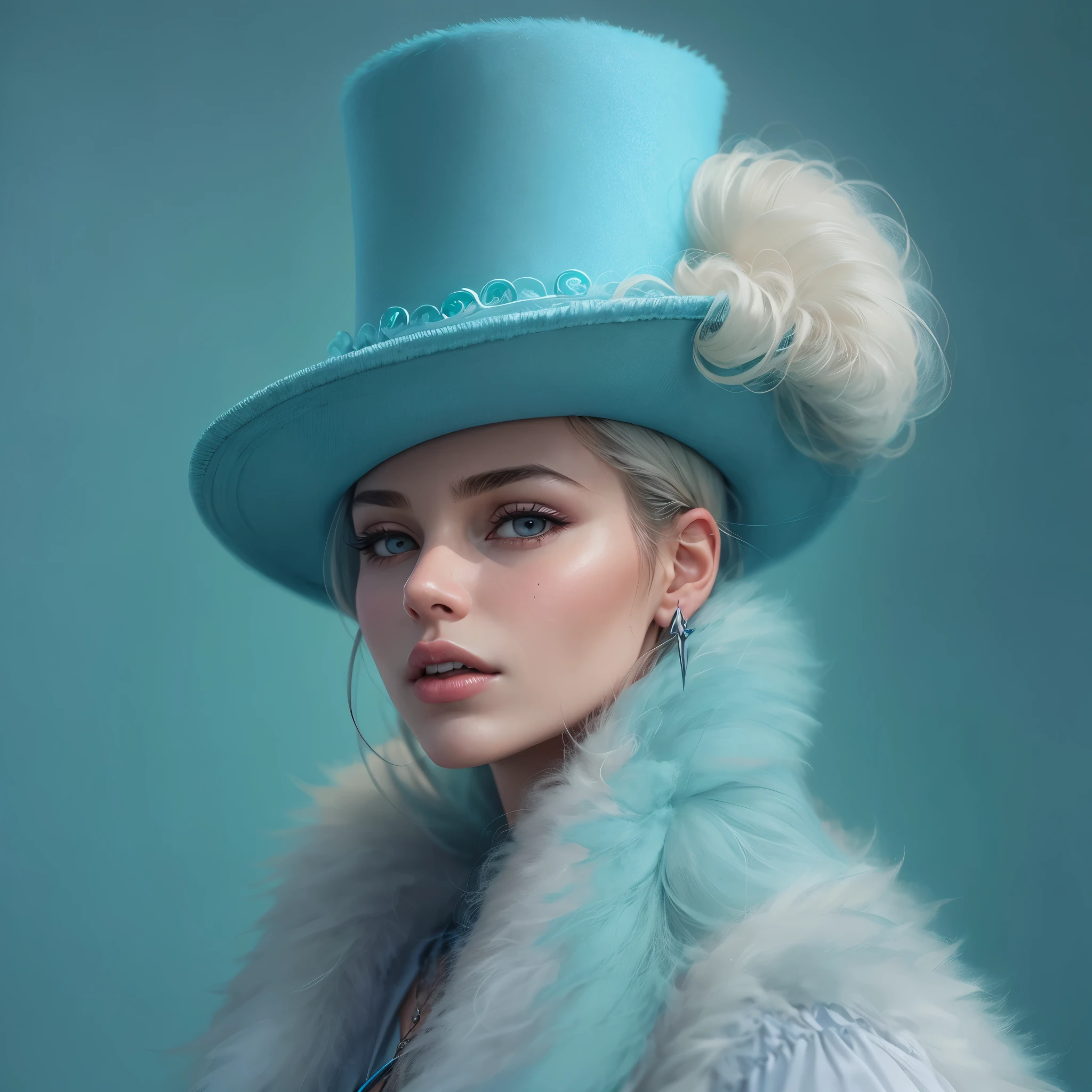 (masterpiece, highest quality, Photo realistic, High resolution, photograph, :1.3), Close-up shot, Sharp focus, (1 girl, European Girls, Featured Models), Realistic skin, (Slim figure), Platinum-colored side sweep shorthair, Highly detailed hair, Delicate face, glossy lips, a close up of a woman wearing a Sky Blue Hat and earrings, sleek dark fur,Sky Blue Fur, Russian style, very beautiful fur, Fine fur, Dasha Taran, dark fur, Fur details, Top Hat, Anastasia Ovchinnikova, Sky Blue Hat, synthetic fur, Elena Belova, wearing a Top Hat, Julia Gorokhova,Beautiful maturation