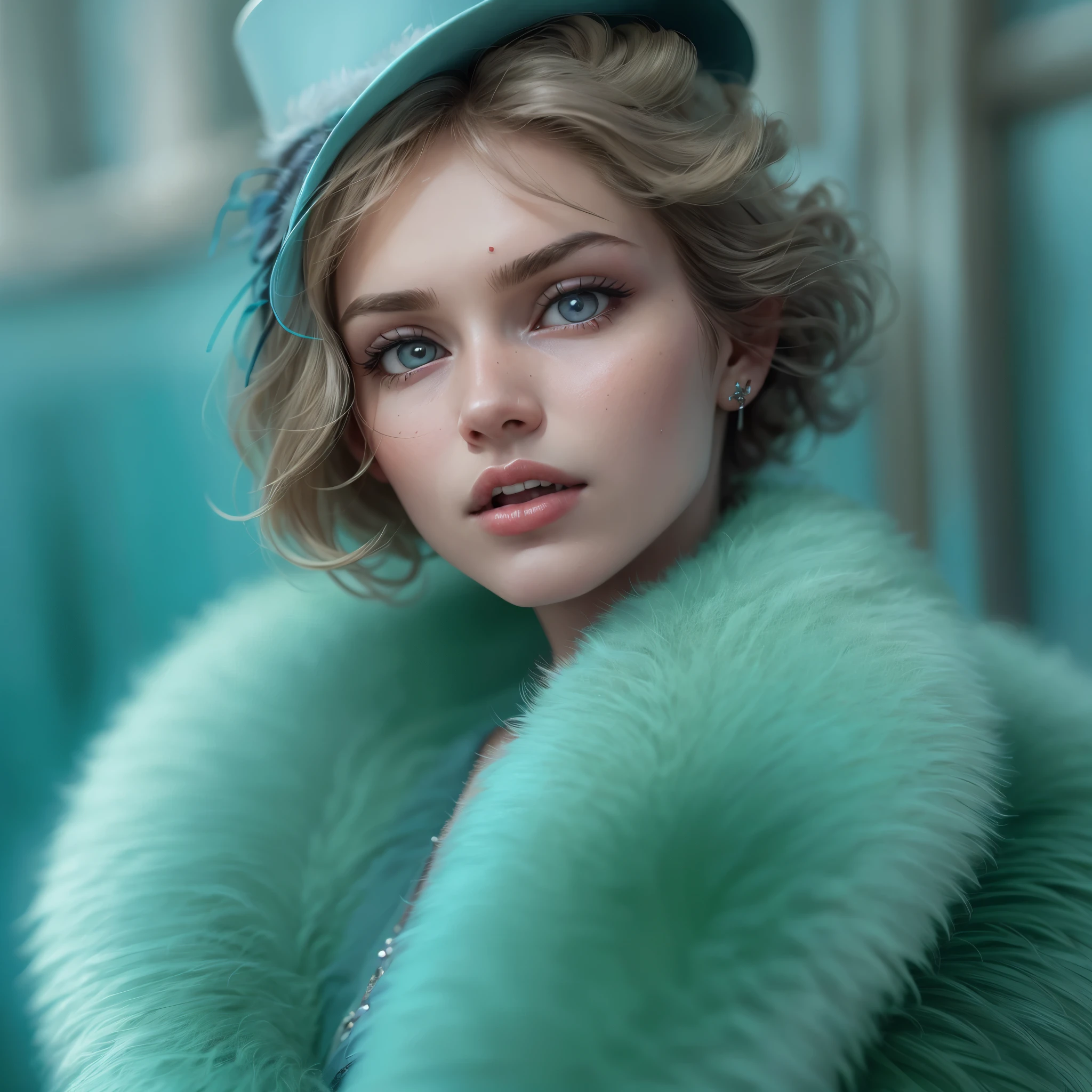 (masterpiece, highest quality, Photo realistic, High resolution, photograph, :1.3), Close-up shot, Sharp focus, (1 girl, European Girls, Featured Models), Realistic skin, (Slim figure), Platinum-colored side sweep shorthair, Highly detailed hair, Delicate face, glossy lips, a close up of a woman wearing a Sky Blue Hat and earrings, sleek dark fur,Sky Blue Fur, Russian style, very beautiful fur, Fine fur, Dasha Taran, dark fur, Fur details, Top Hat, Anastasia Ovchinnikova, Sky Blue Hat, synthetic fur, Elena Belova, wearing a Top Hat, Julia Gorokhova,Beautiful maturation