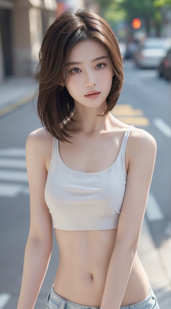 ((Realistic lighting, best quality, 8K, masterpiece: 1.3)), Be focused: 1.2, 1 Girl, Perfect body: 1.4, Slim abs: 1.1, ((Dark brown hair)), (White short top: 1.4), (outdoor, night: 1.1), City Streets, Very delicate face, beautiful eyes, Double eyelids,