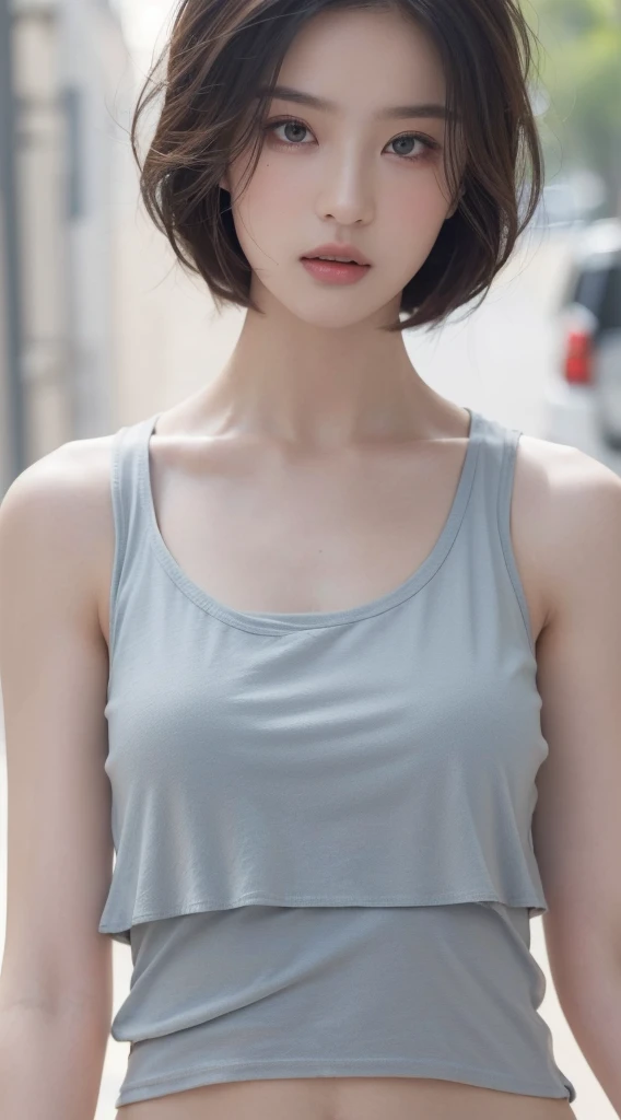 ((Best quality, 8k, Masterpiece :1.3)), Sharp focus:1.2, Perfect Body Beauty:1.4, Slim Abs:1.2, ((Layered hairstyle, teasing expressions:1.2)), (Tank top shirt:1.1), (Street:1.2), Highly detailed face and skin texture, Fine eyes, Double eyelids