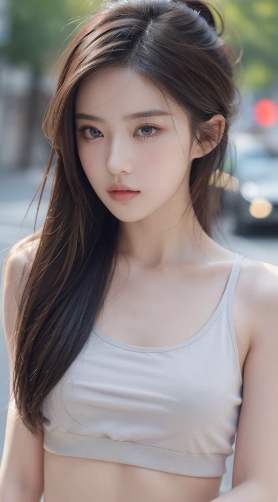 ((Best quality, 8k, Masterpiece :1.3)), Sharp focus:1.2, Perfect Body Beauty:1.4, Slim Abs:1.2, ((Layered hairstyle, teasing expressions:1.2)), (Tank top shirt:1.1), (Street:1.2), Highly detailed face and skin texture, Fine eyes, Double eyelids