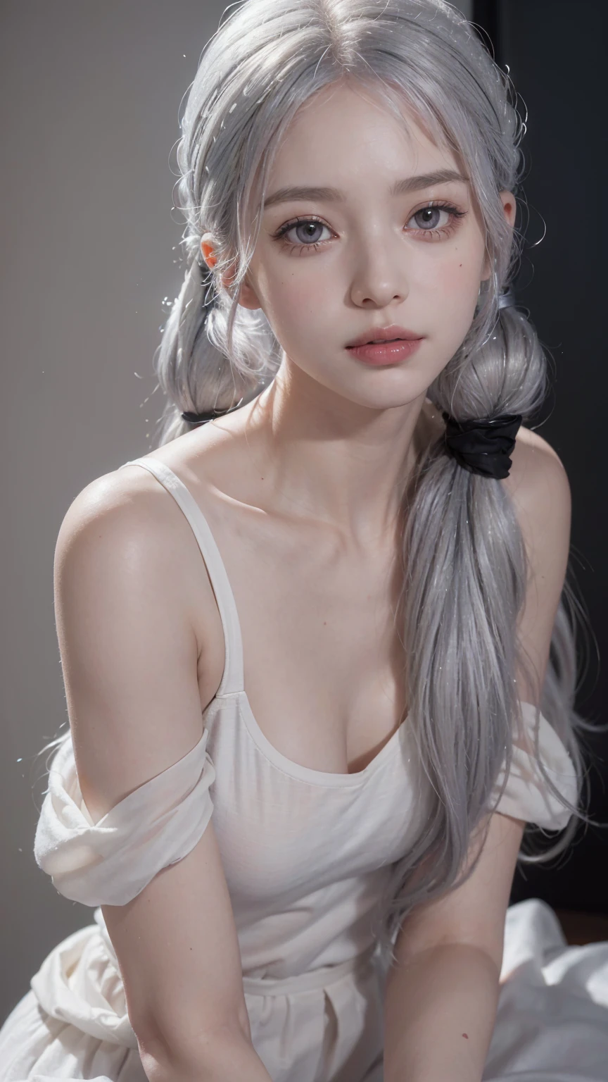 (RAW photo, best quality), (realistic, photo-realistic:1.3), very pale skin, Ultra Detailed Face, Detailed Lips, black lipstick, Fine Eyes, double eyelids, extremely delicate and beautiful, Amazing, finely detail, masterpiece, ultra-detailed, highres, best illustration, best shadow, intricate, depth of field, ((((low key,dark scene,dimly lit)))),(((soft lighting:1.4))),(pale skin:1.4),(shy smile),(cinematic angle),sharp focus, volumetric fog, 8k UHD, DSLR, high quality,( film grain:1.4), Fujifilm XT3,(looking at viewer), pale skin, ((masterpiece))、(((highest quality)))、photorealistic, Raw photography, An illustration、1 girl、8k, RAW Photography, portrait, top-quality, ultra high resolution, Photorealistic, a adorable girl, full bodyesbian, a smile, eye lashes, cinema lighting, depth of fields, lens-flare, camisole, masterpiece, extremely detailed eyes and face, bokeh, silky smooth skin, (14 year old), sexy outfit, (masterpiece:1.5), (best quality:1.5),(high resolution:1.5),(beautiful pretty cute face:1.3),(beautiful detailed eyes:1.2),(tsurime:1.2), (silver hair:1.6),(long twintails:1.4),(red eyes:1.2),(upper body:1.4), looking at viewer,(small breasts:1.2),(1girl:1.2),(solo:1.2),embarrassed,topless,(cute pink nipples),bedroom,(leaning forward:1.5),(downblouse:1.2),(loose t-shirt:1.2) ,