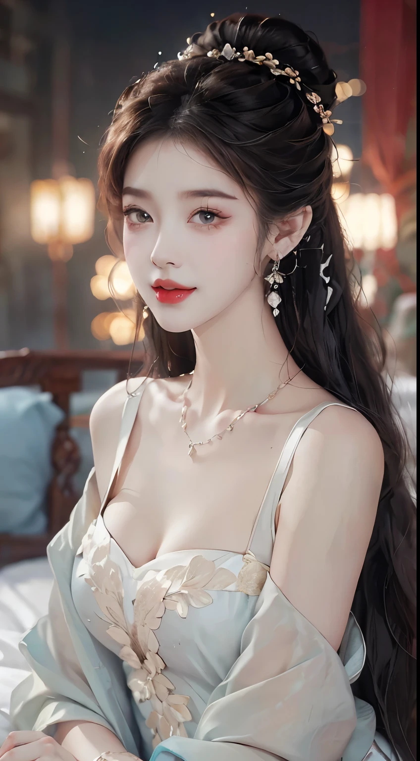 ((knee shot)), ((Lying down)), ((Lying on an antique bed)), ((One hand playing with hair, Cover your chest with one hand)), (Antique Chinese style), Clear face, Pretty Face, 8k, masterpiece, original photo, best quality, detail:1.2,lifelike, detail, Very detailed, CG, Unite, wallpaper, Depth of Field, movie lights, lens flare, Ray Tracing, (Extremely beautiful face, Beautiful lips, beautiful eyes), Wheels within wheels, detail的脸, ((ultra detailed skin)), 1 girl, in the darkness, Deep Shadow, Beautiful Korean girl, Hallyu idol,(Very slim figure:1.3), Full breasts, Large Breasts, Slender sexy legs, Very beautiful legs, elegant gesture, Seductive pose, (A bright smile), (City night, (Neon), (night), Beautiful Korean girl, White Diamond Earrings, Bracelet diameter, Deya Necklace, Clear eyes, (big eyes)