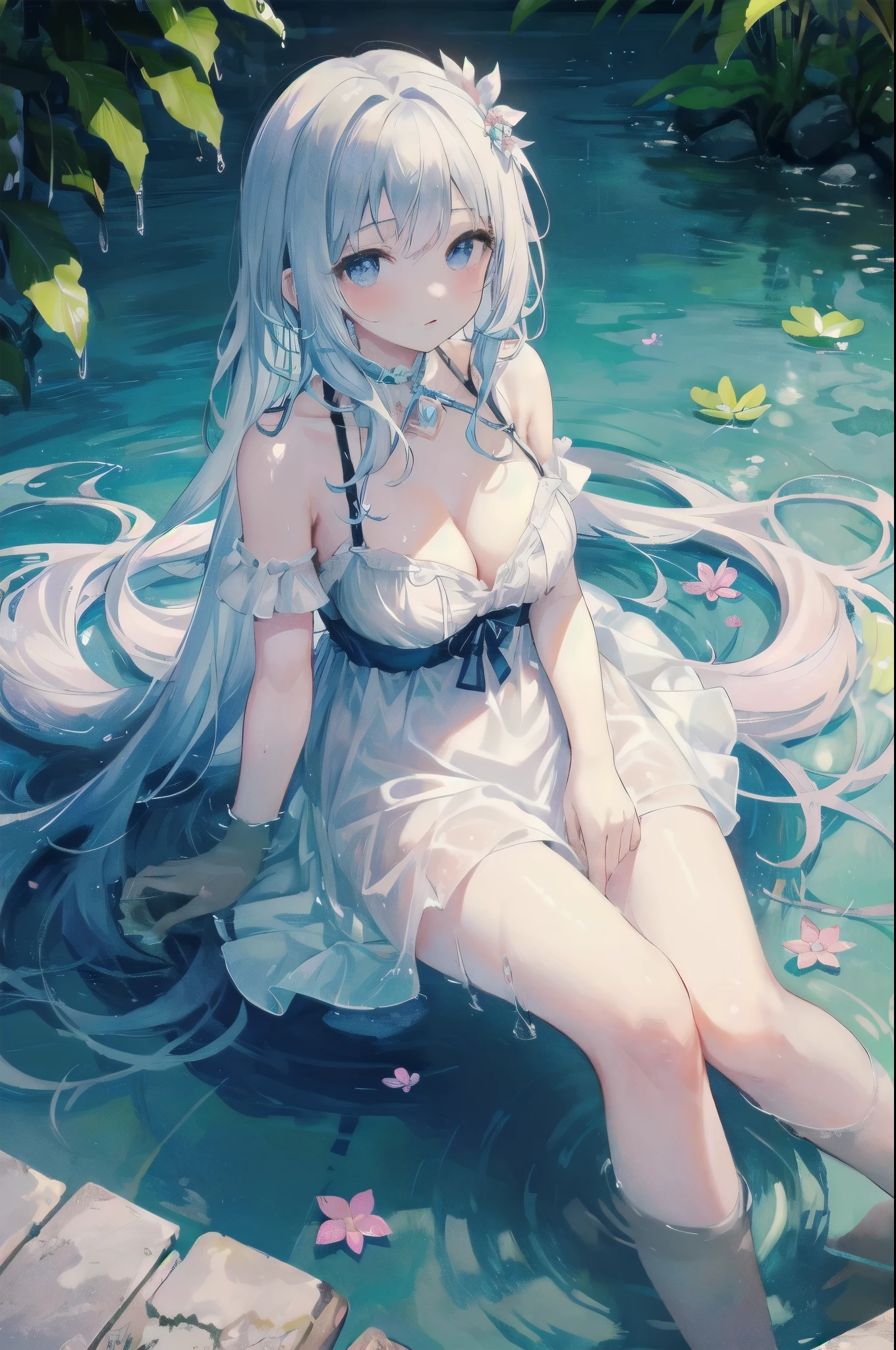 (Masterpiece)、(highest quality)、((Super detailed))、(Ultra delicate)、Pastel colored hair、Beautiful breasts、A young princess bathing in a lake、wet white dress