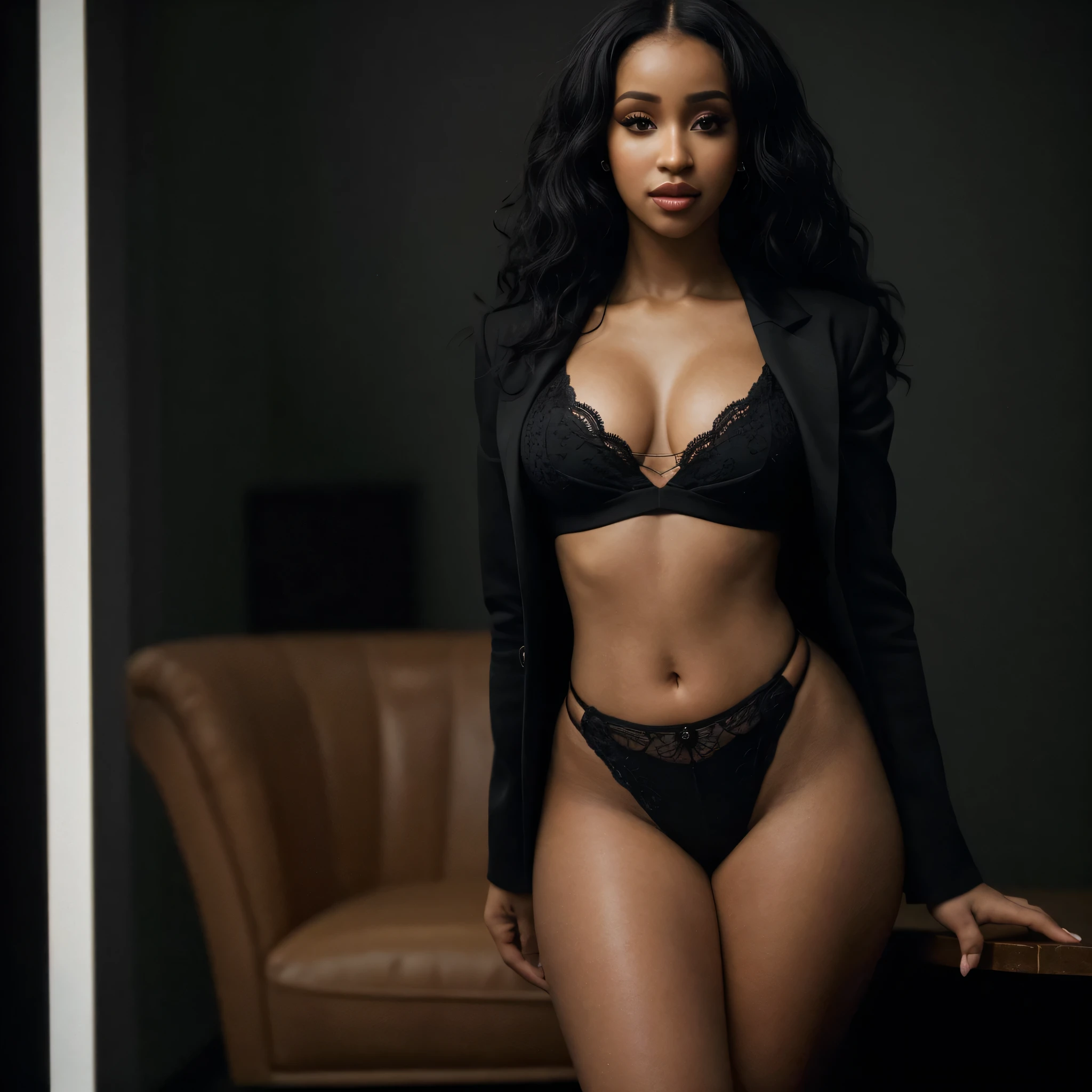 Foto hiperrealista en primer plano de Cardi B, masterpiece, best quality, (photorealistic:1.4), full body, (classy black blazer and nothing underneath:1.1), black long loose curls, sexy posing in a studio, neons, cinematic light, beautiful woman, skinny, large D-cup breasts, perfect body, detailed face, slutty face, looking straight at the camera, photo taken from a distance (full body, editorial sophisticated photograph of a lightksin stunning woman), (highly detailed face:1.4) (smile:1.2) (background inside dark, moody, private study:1.3) POV, by lee jeffries, nikon d850, film stock photograph ,4 kodak portra 400 ,camera f1.6 lens ,rich colors ,hyper realistic ,lifelike texture, dramatic lighting , cinestill 800,