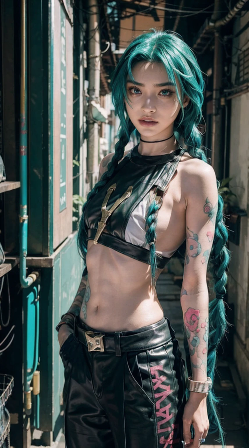 jinx arcano, uma mulher com cabelo verde e tatuagens, mulher cyberpunk mulher anime, pants, Deusa cyberpunk raivosa bonita, estilo de arte cyberpunk, arte digital de anime cyberpunk, arte de anime cyberpunk, Arcane Jinx Retrato, arte de anime cyberpunk, arte com tema cyberpunk, cyberpunk fantasia sombria, estilo arcano, 1 garota, stars tattoo on arm, asymmetrical bangs, faixa, cabelo verde, Green braids, camisa marrom, tatuagem de estrelas, lateralmente, cabelo verde, cabelo longo, olhos cor de rosa, Red lips, standing , tatuagem de nuvem, twin braids. Jinx de arcano. Garota de cabelo verde, garota de twin braids, Jinx em um lugar em chamas, Fagulha, esferas de luz, movie poster, Jinx, Arcane\(Liga das Lendas\