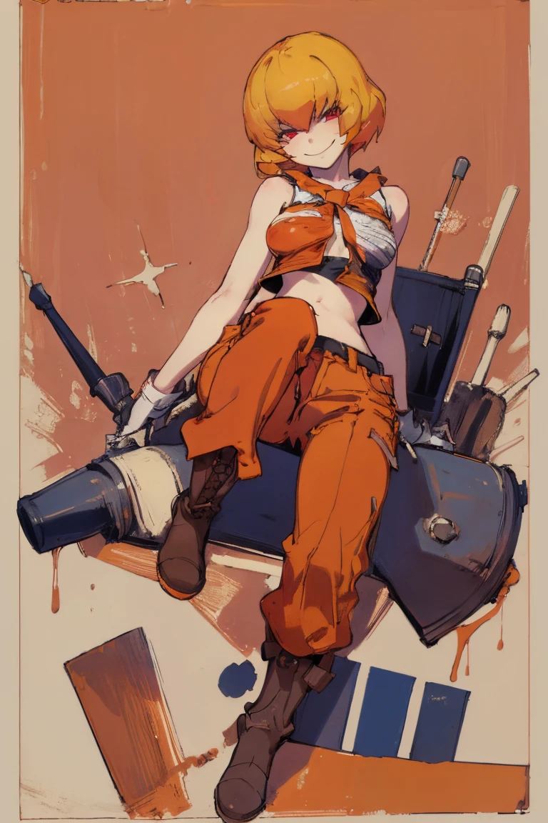 ((highest quality)), ((masterpiece)), (be familiar with),Clementine,Overload,{{nsfw}},Sleeveless shirt,pants,Bewitching Smile,whole body,boots