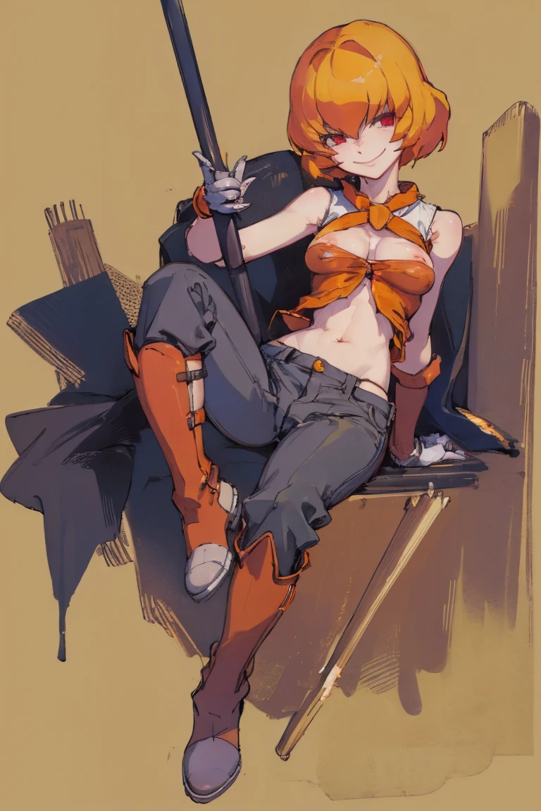 ((highest quality)), ((masterpiece)), (be familiar with),Clementine,Overload,{{nsfw}},Sleeveless shirt,pants,Bewitching Smile,whole body,boots