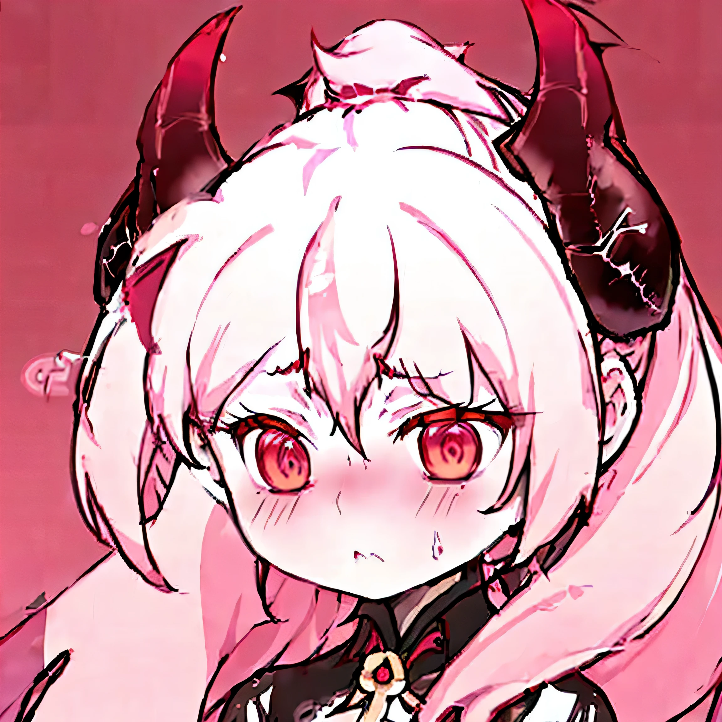 best quality, 1girl, chibi, succubus, horn, cute, white hair, (disappointed:1.2), simple background, looking away, red eyes , ponytail hair style,