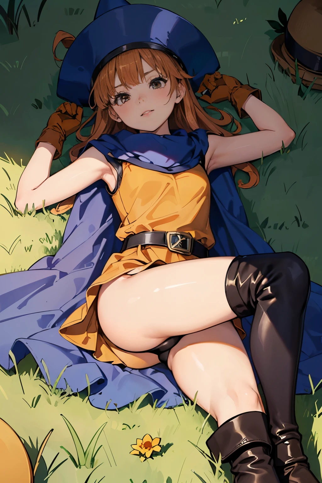 1 girl、High resolution、masterpiece、(alena-dq4、DQ4-ALENA、Orange straight hair)、blush、Embarrassed、Happy smile、Short stature、Thin thighs、Thin legs、Small shoulders、slender、Muscular、(Outdoor、Sunny day on the grass)、(((hat、dress、Cape、belt、Gloves、Leather boots、Panty shot)))、(Sexy panties with detailed decoration)、(((tights)))、(((Lying in the steppe、Lying on your back、He is lying down, holding his leg.)))