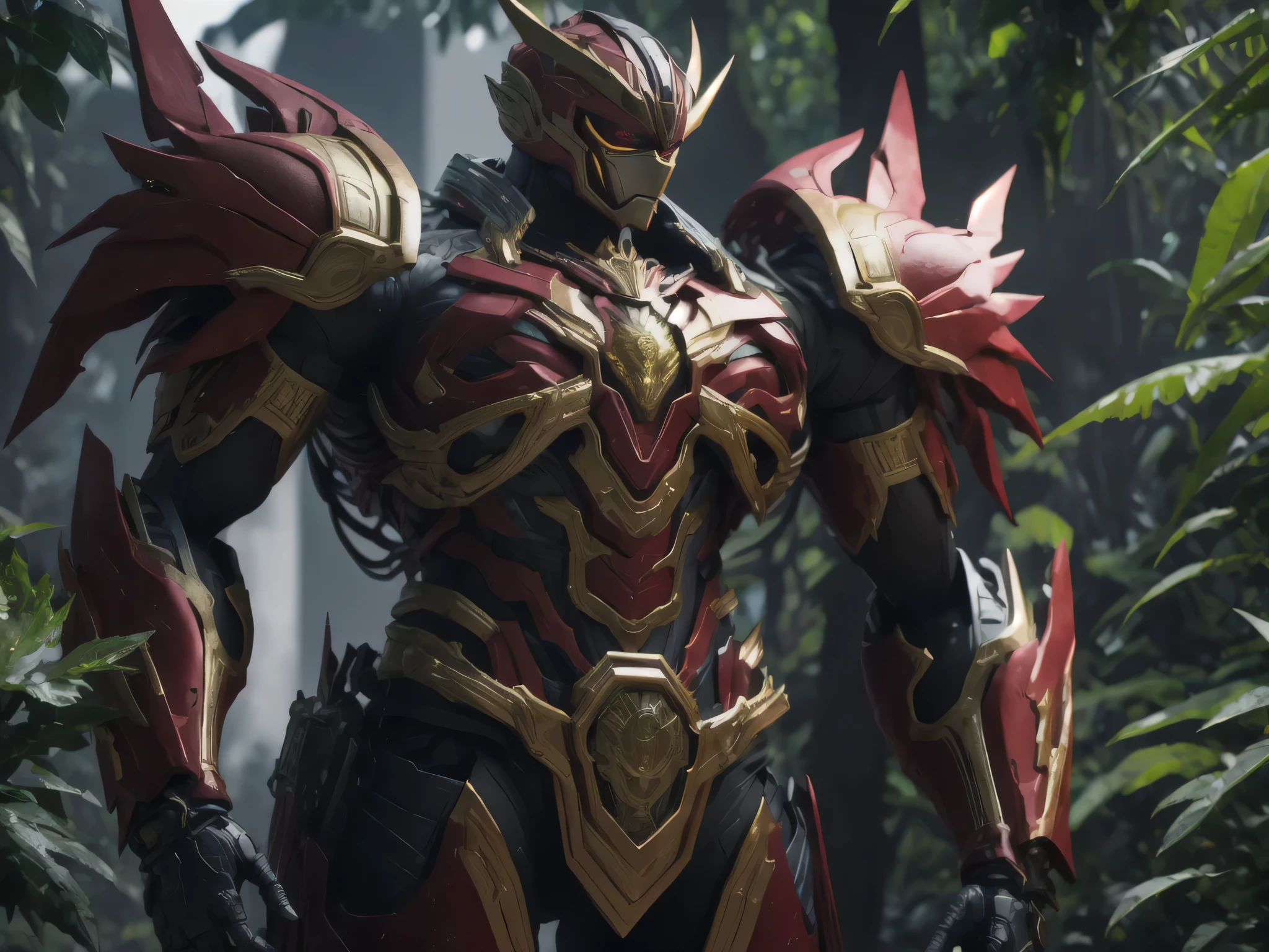 ((best quality)), ((masterpiece)), (detailed), perfect face, Red and Gold, primate Power Ranger, Surrounded by Jungle, Single person, Sleek Primate Armor, Full Body, Primate Base, Kamen Rider, Bulky