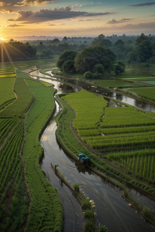 morning atmosphere with sunlight, rice fields with trees and rivers, farmers leading buffalo and plowing the fields