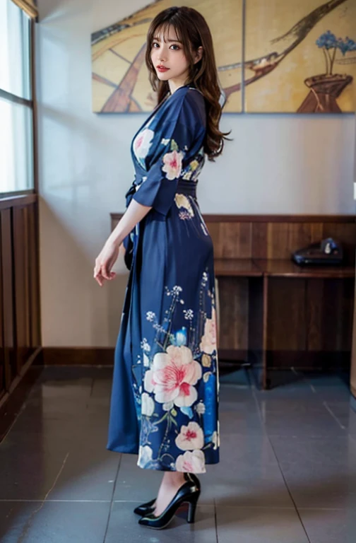 (((最high quality, 8k, masterpiece: 1.3))), Very detailed, Very beautiful woman,charm, Ultra high quality, Ultra-realistic, high quality, Very detailedな美しい女性,Floral print dress,Blue High Heels,Japanese office lady,