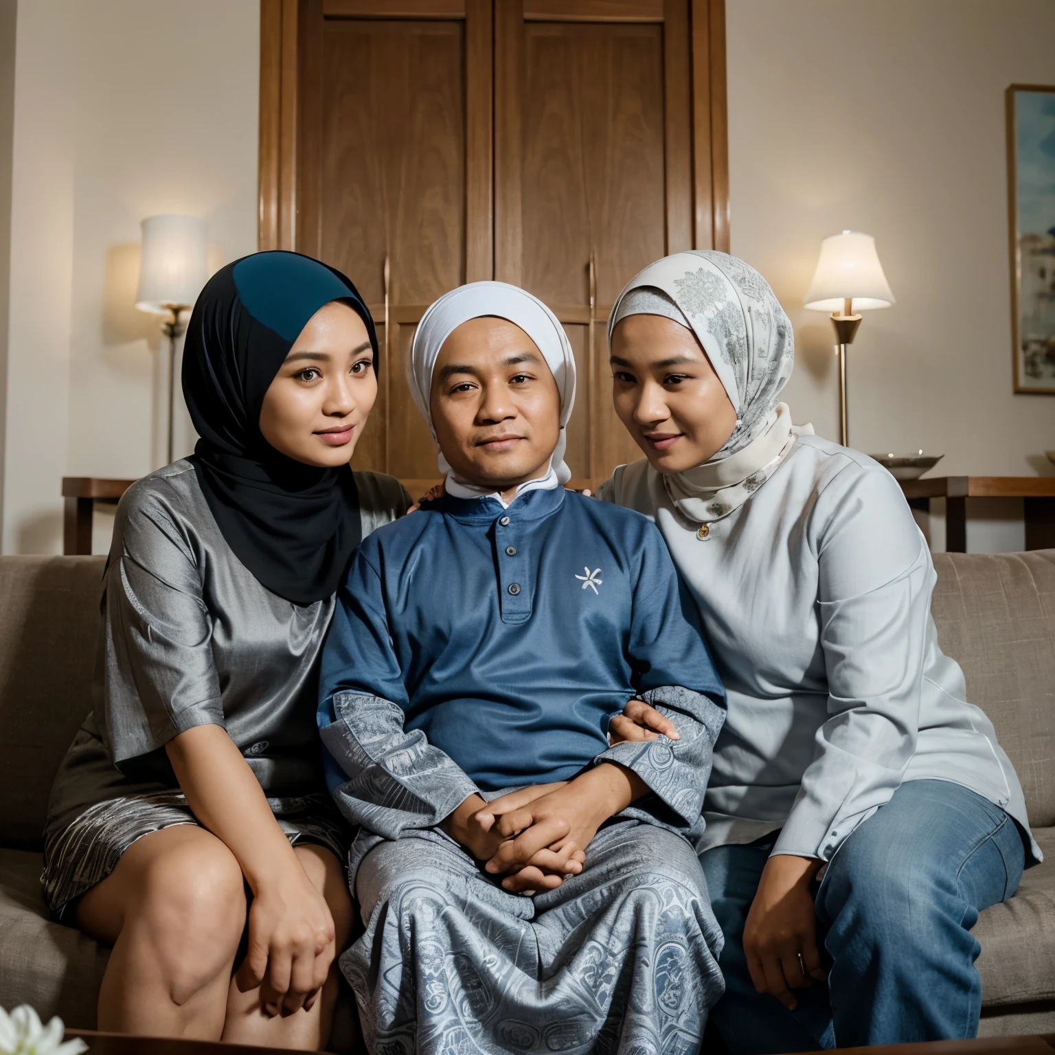 Make a friendly close up photo style, three members, one Indonesian MAN aged 40 years, one WOMAN aged 30 years old, chubby, wearing a hijab, and a BOY aged 10 years, they are wearing white and grey BATIK , wearing a hijab, sitting on the sofa, embracing each other, comfortable and happy, in a luxurious living room, luxury home studio background, very detailed. fresh colors, blue lighting, ULTRA HD,