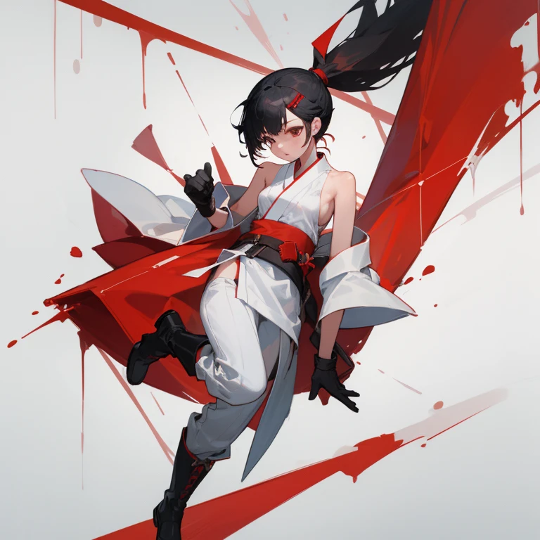 ((highest quality)), ((masterpiece)), (Become familiar with),  1 girl, alone, Black Hair,ponytail,White kimono,black sleeveless,red hair clip,Red belt, ,slender,Long Hair,Small breasts, gloves,boots, Erect nipples