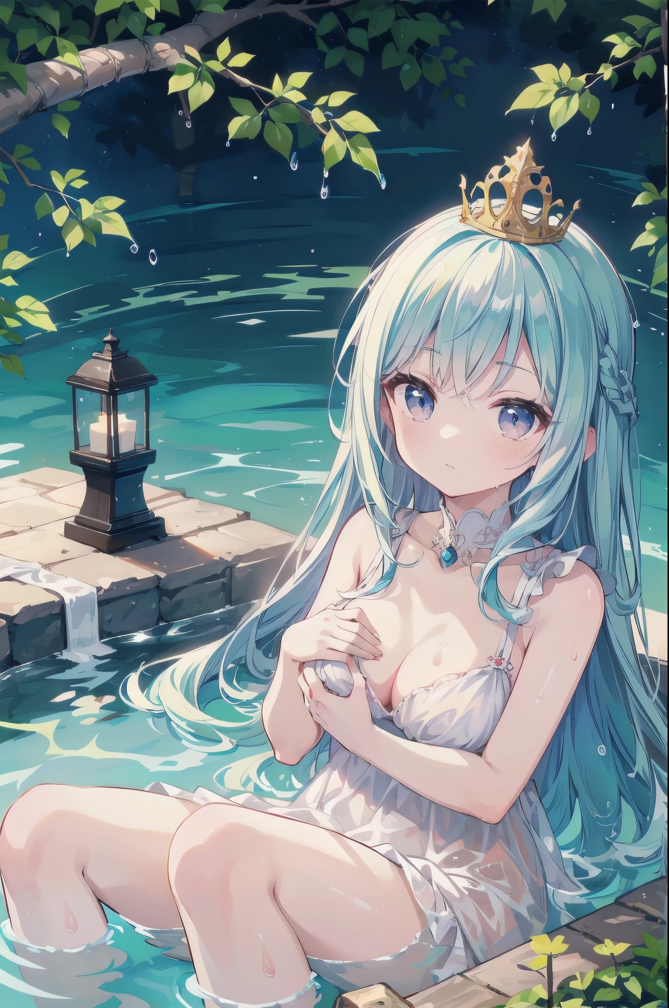 (Masterpiece)、(highest quality)、((Super detailed))、(Ultra delicate)、Pastel colored hair、Beautiful breasts、A young princess bathing in a lake、wet white dress