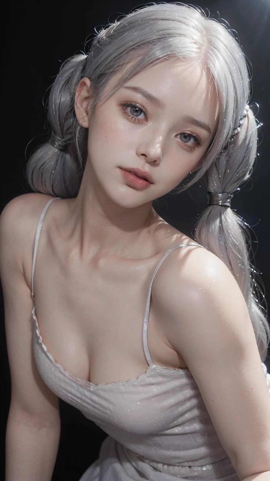 (RAW photo, best quality), (realistic, photo-realistic:1.3), very pale skin, Ultra Detailed Face, Detailed Lips, black lipstick, Fine Eyes, double eyelids, extremely delicate and beautiful, Amazing, finely detail, masterpiece, ultra-detailed, highres, best illustration, best shadow, intricate, depth of field, ((((low key,dark scene,dimly lit)))),(((soft lighting:1.4))),(pale skin:1.4),(shy smile),(cinematic angle),sharp focus, volumetric fog, 8k UHD, DSLR, high quality,( film grain:1.4), Fujifilm XT3,(looking at viewer), pale skin, ((masterpiece))、(((highest quality)))、photorealistic, Raw photography, An illustration、1 girl、8k, RAW Photography, portrait, top-quality, ultra high resolution, Photorealistic, a adorable girl, full bodyesbian, a smile, eye lashes, cinema lighting, depth of fields, lens-flare, camisole, masterpiece, extremely detailed eyes and face, bokeh, silky smooth skin, (), sexy outfit, (masterpiece:1.5), (best quality:1.5),(high resolution:1.5),(beautiful pretty cute face:1.3),(beautiful detailed eyes:1.2),(tsurime:1.2), (silver hair:1.6),(long twintails:1.4),(red eyes:1.2),(upper body:1.4), looking at viewer,(small breasts:1.2),(1girl:1.2),(solo:1.2),embarrassed,topless,(cute pink nipples),bedroom,(leaning forward:1.5),(downblouse:1.2),(loose t-shirt:1.2) ,