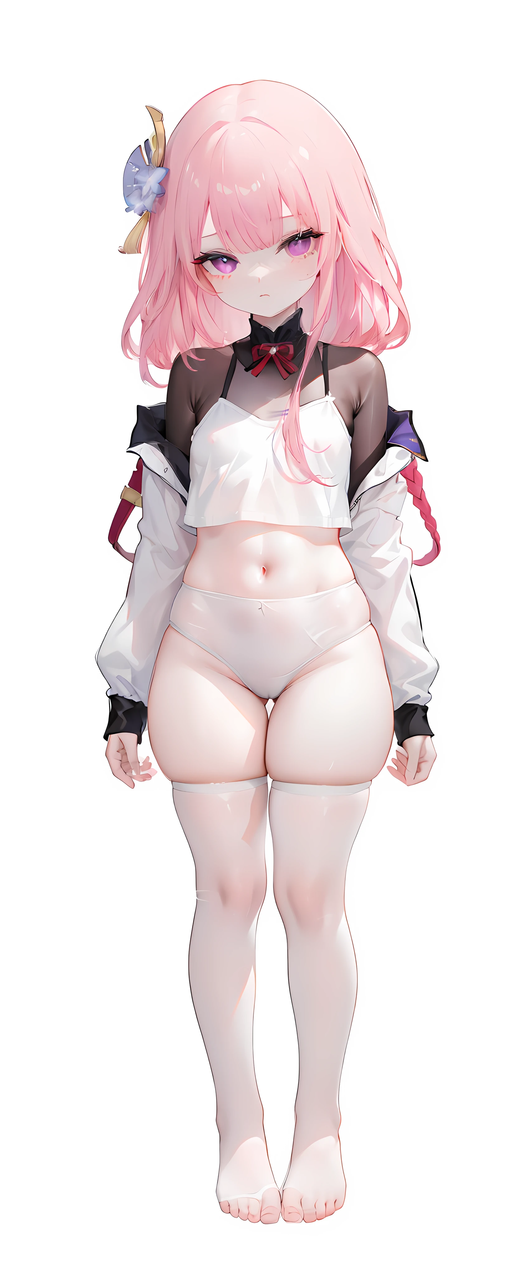 ,child,cute,stockings,pantyhose,pink hair,thick thigh ,mini camisole, thick thighs,flat chest,pink mini camisole,crop top,raiden, ,,flat chest,fullbody,perfect thighs,standing, thick thighs, blushing,lolitanding straight, head to toe capture on the frame,,, toes,bare feet,, ,white background, cute,open abdomen,perfect body ratio, body ratio, white background, front facing, looking at viewer, ,, baby girl
