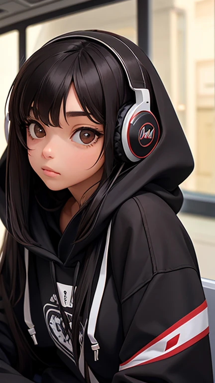 1girl, solo, headphones, long_hair, black_hair, hood, looking_at_viewer, hoodie, lips, brown_eyes, blurry, sitting, hood_down, head_rest, closed_mouth, realistic