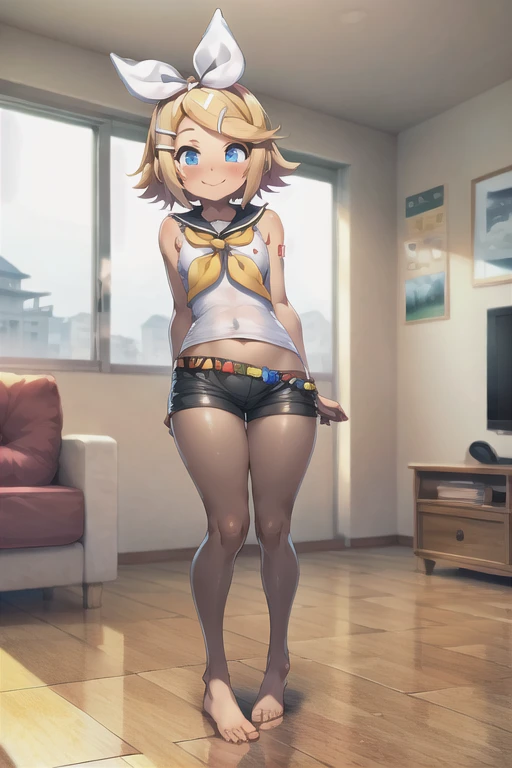 (masterpiece), (highest quality), (figure), (Very detailed), (High resolution), Perfect Anatomy, Disorganized, One Girl, (Kagamine_Also), (Vocaloid), short hair, Hair Clip, blush, (blonde), very cute girl, small, young, delicate, Attention to girls, living room, Casual clothing, cute, she, smile, Best moment, , White Sailor Suit, Black shorts, Yellow neckerchief, blue eyes, Bright Eyes, Vivid eyes, cute, Are standing, Thighs, Belly Chiller, Red hearts on background, Heart speech bubble, Being spoiled, Innocent, i love you, Love Viewer, Beautiful Skin, Beautiful body, cute face, delicate arms, Boyfriend's gaze, Vivid eyes, Neat, barefoot, 