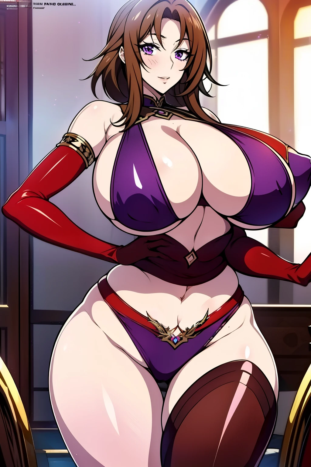 An anime-style artwork depicting Venelana Gremory from the anime High School DxD.
Tags: Venelana Gremory, anime, detailed eyes, detailed lips, ass, bare shoulders, 1girl, brown hair, (purple eyes), (arabian dancer outfit:1.1), short hair,curvy, thighs, higheels, shiny clothes, skin tight, cleavage, solo, huge breasts, smiling expression, intense gaze, dynamic pose, indoor, palace, vibrant colors, digital art, high-resolution, professional quality, gigantic breasts, (underboob : 1.4), curvy, cowboy shot, (gigantic breasts: 1.4),