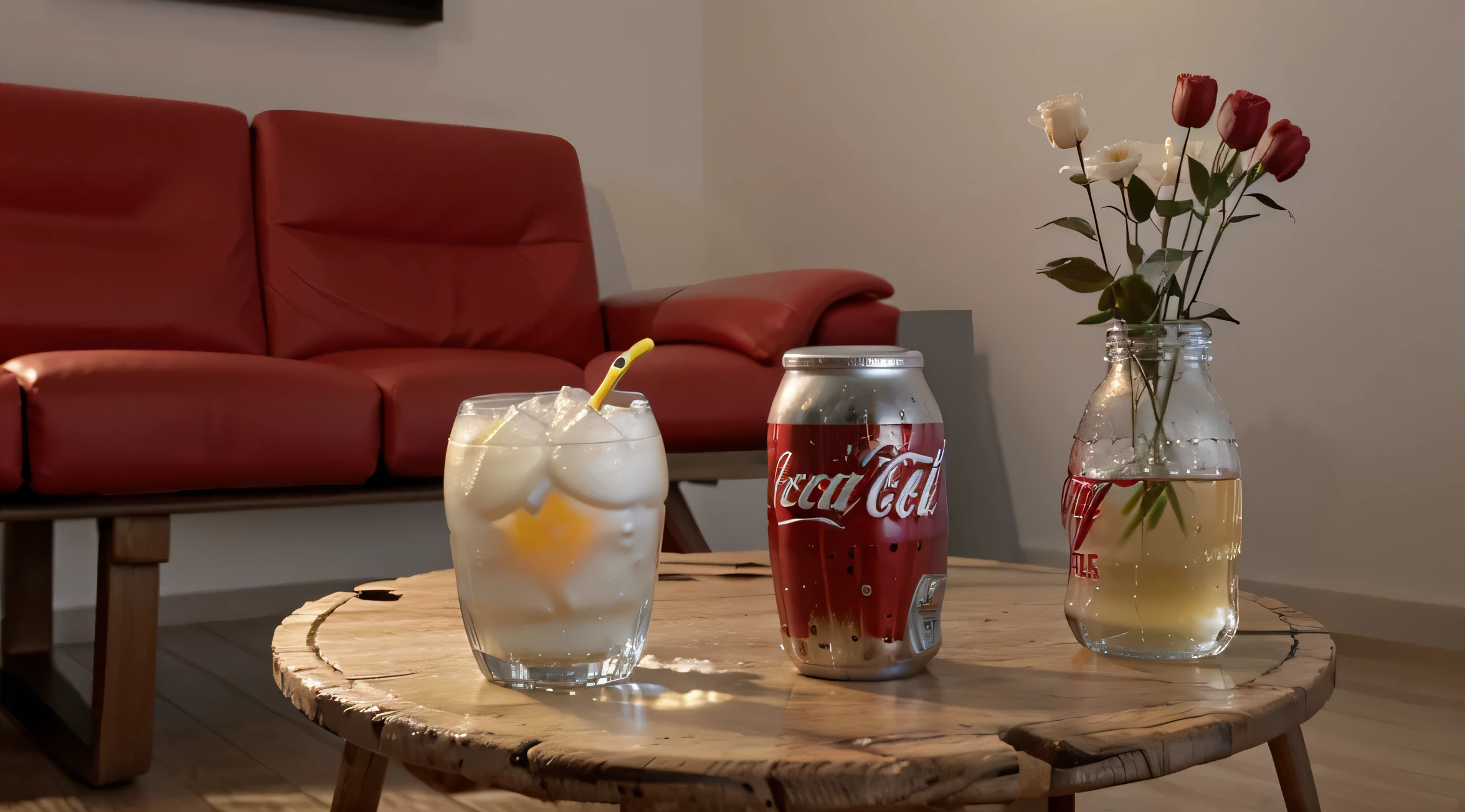 una botella de coca cola, un vaso con cubos de hielo, sobre una mesa de madera,