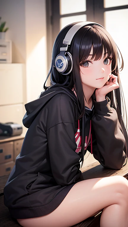 masterpiece, highest quality, High resolution,Anime Style、Brown Hair、long、Headphones on neck、Bukabuka hoodie、Shorts、Window、
