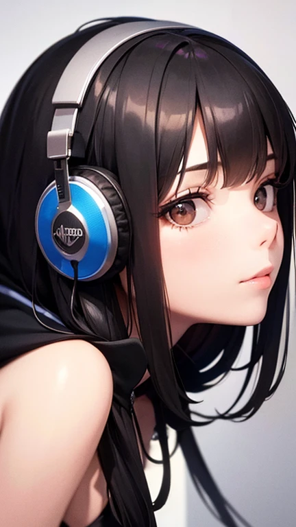 1girl, solo, headphones, long_hair, black_hair, hood, looking_at_viewer, hoodie, lips, brown_eyes, blurry, sitting, hood_down, head_rest, closed_mouth, realistic