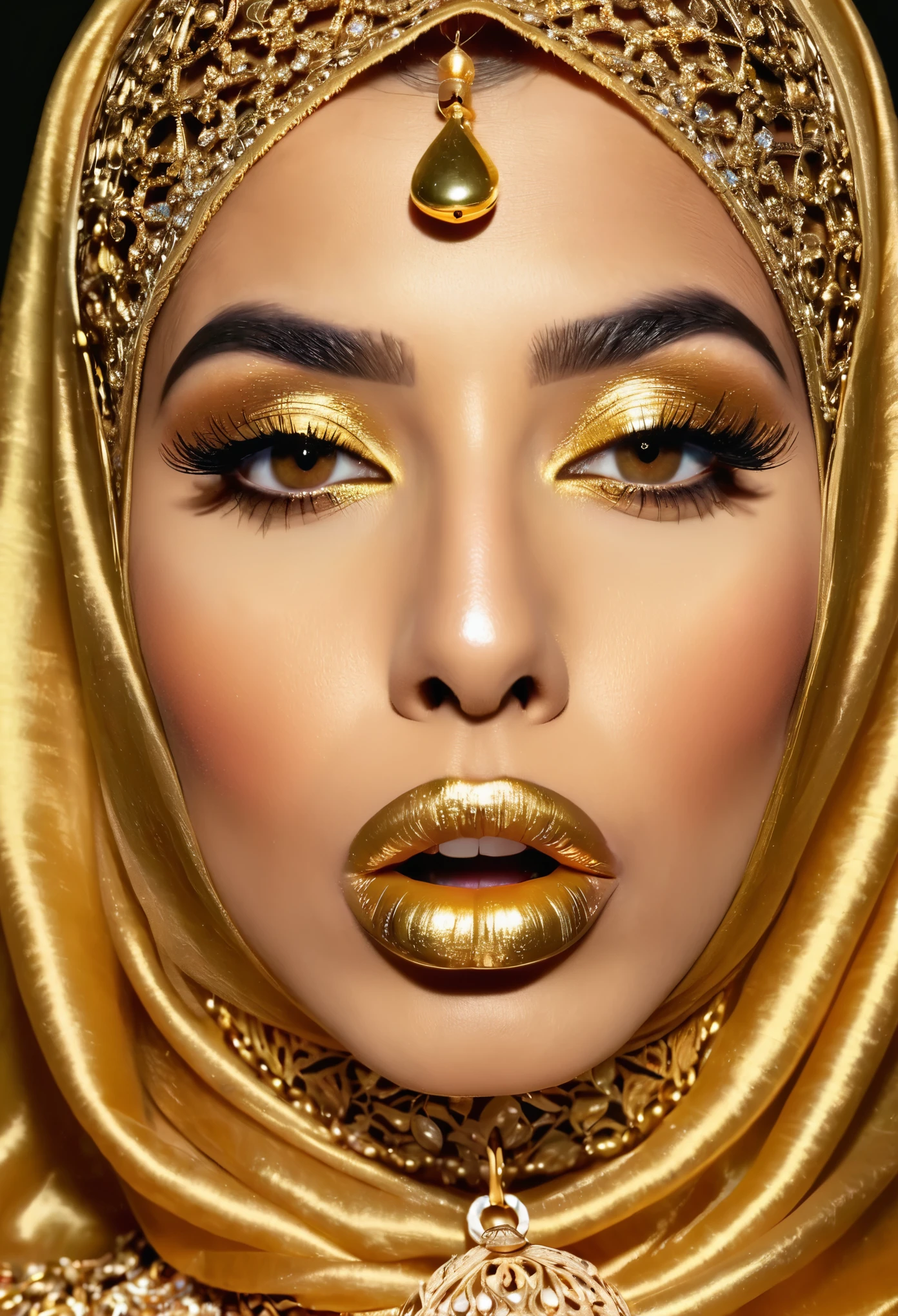 Arabian woman wearing golden burqa and golden jewellery, big lips and golden lips, golden eyes, golden eyebrows, licking her lips seductively 